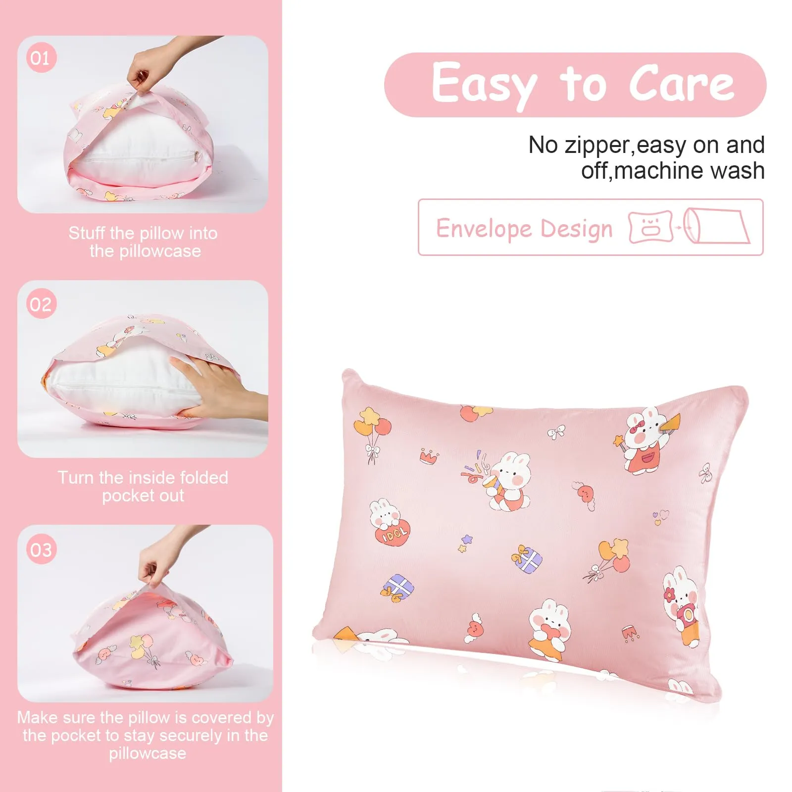 Vicloon Federe per Cuscini per Bambini in Doppia Garza, 2 Pezzi, 40x60 cm, Motivo a Coniglietto Rosa - immagine 3