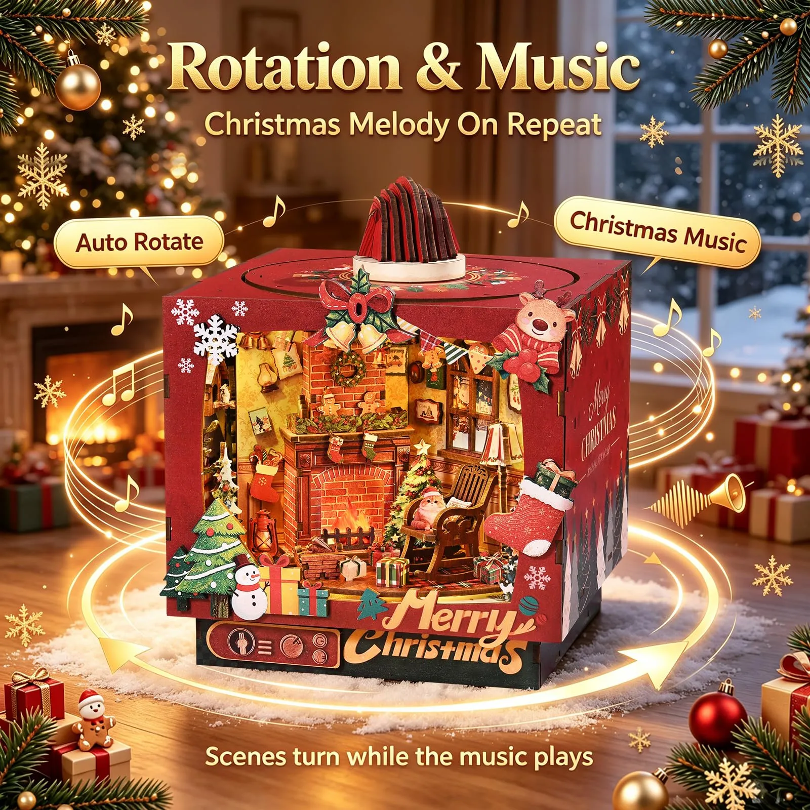 BATTREVO DIY Book Nook Kit Christmas Trio with Automatic Rotation and Music - immagine 4