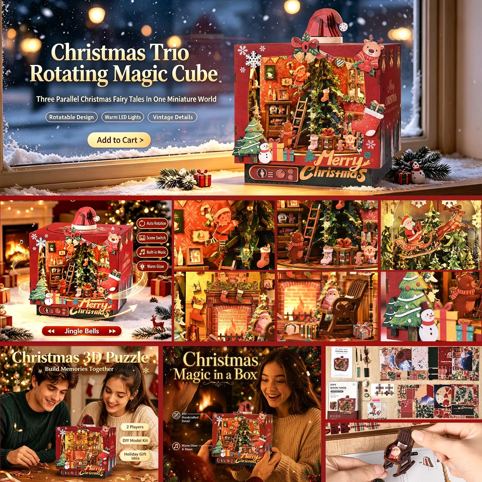 BATTREVO DIY Book Nook Kit Christmas Trio with Automatic Rotation and Music - immagine 7