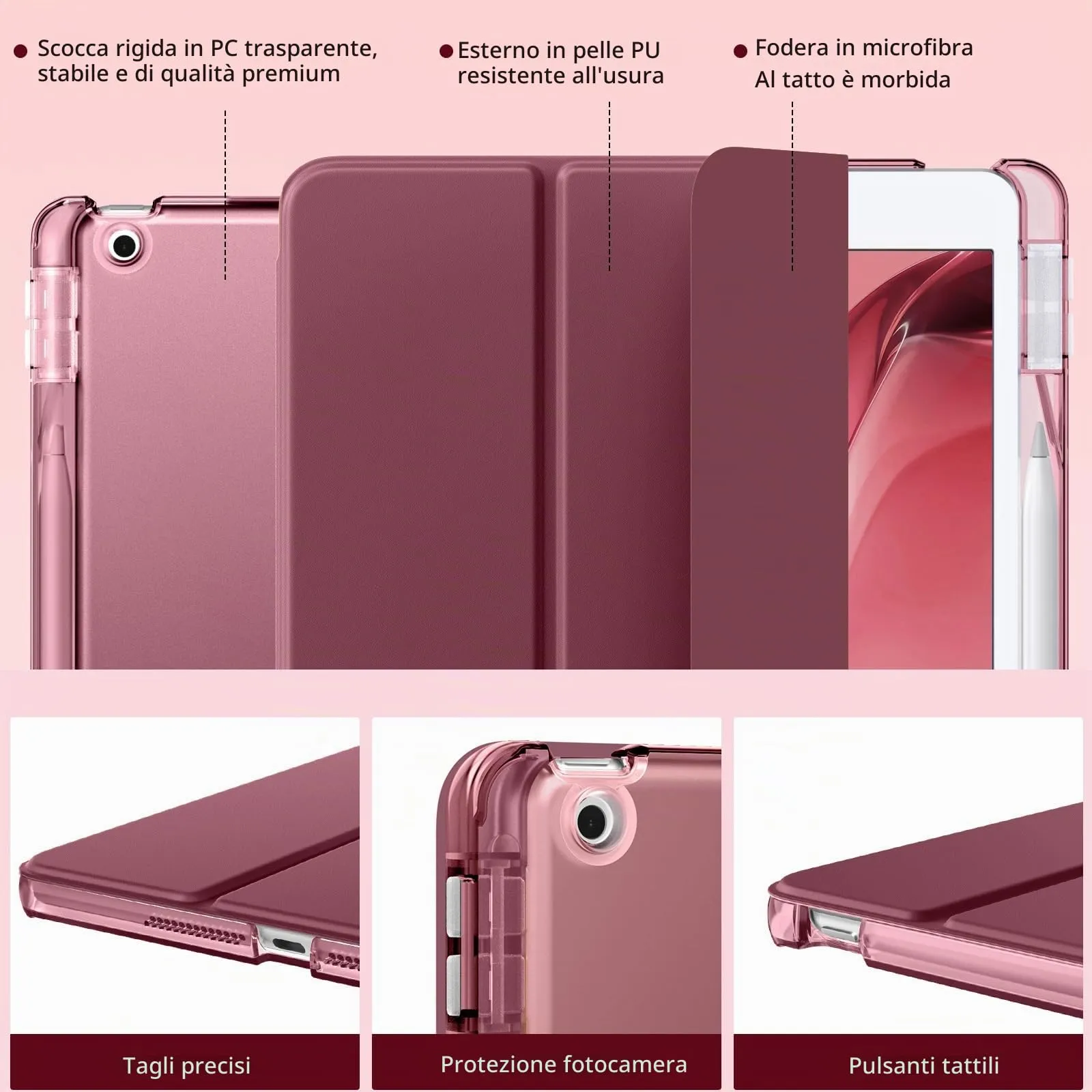 MoKo Cover per iPad 9a/8a/7a Generazione 10,2 Pollici con Portapenna, Borgogna - immagine 3