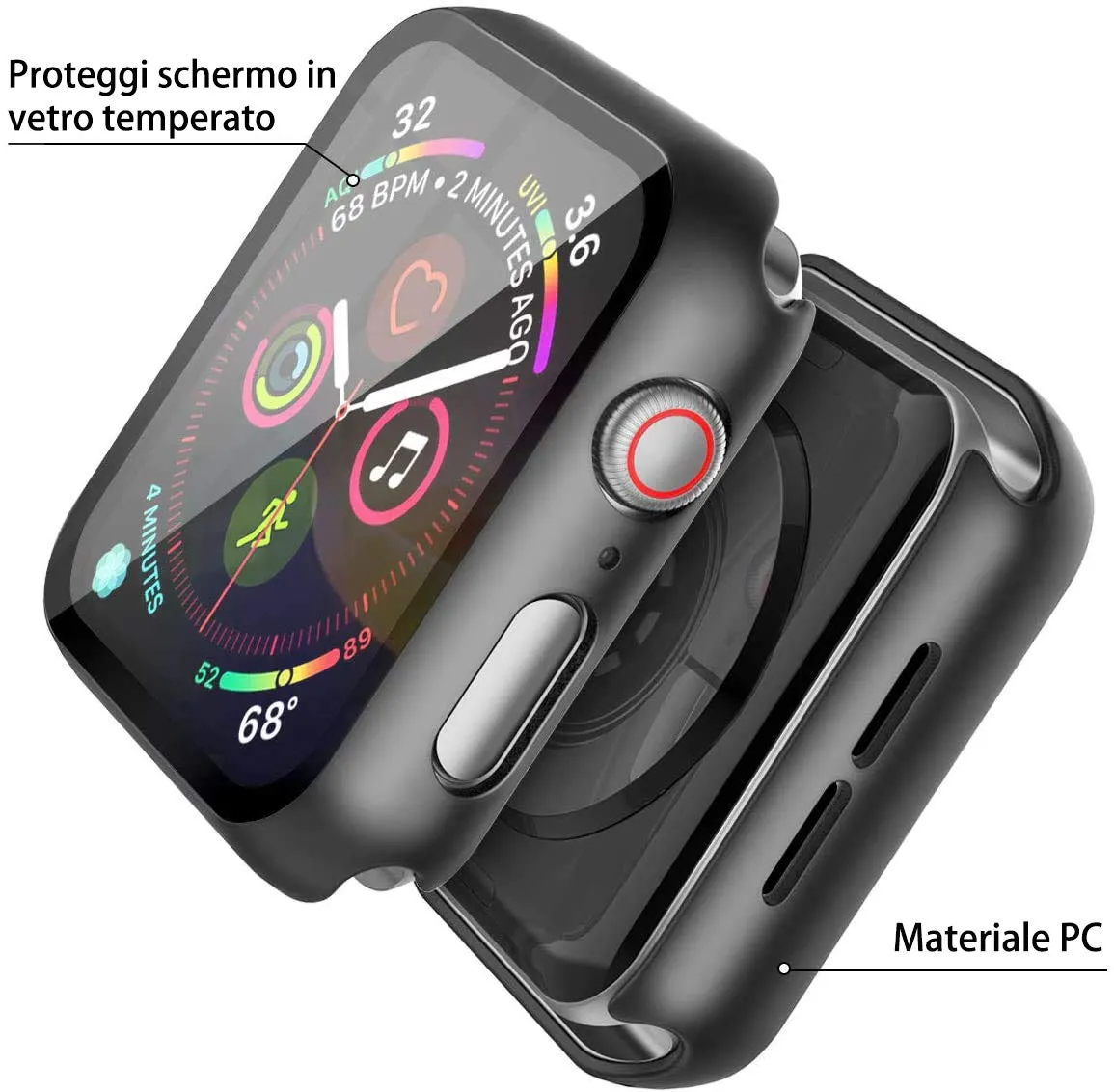 Misxi Cover con Vetro Temperato per Apple Watch SE3/SE2/SE/Serie 6/5/4 44mm, Nero (2 Pezzi) - immagine 3