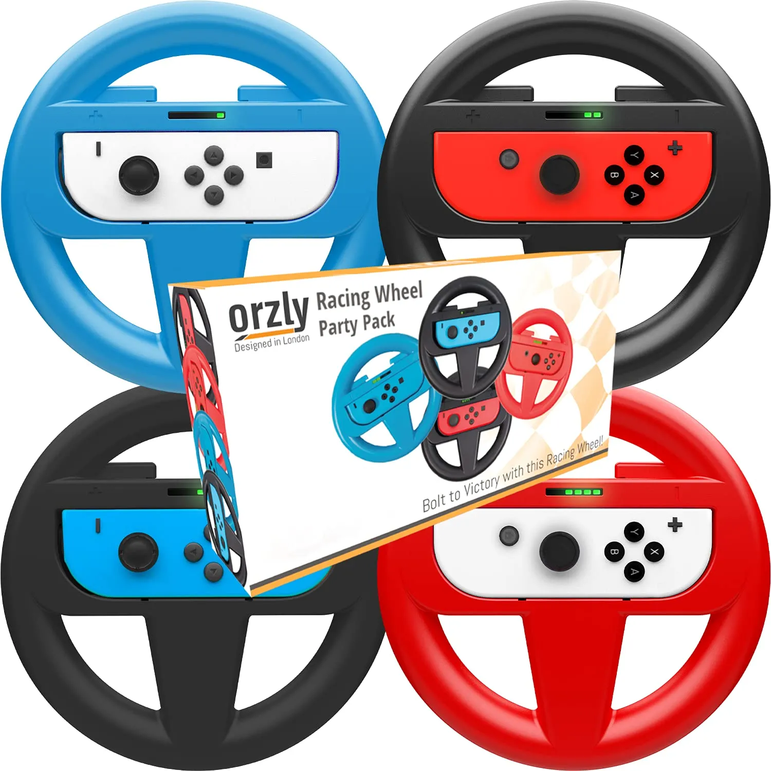 Orzly Lenkrad Vier Pack für Nintendo Switch (1x Blau, 1x Rot, 2x Schwarz) - immagine 1
