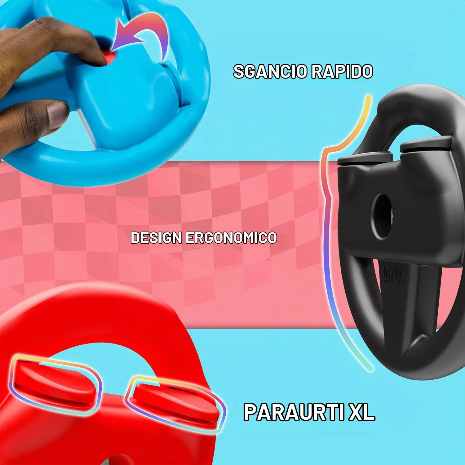 Orzly Lenkrad Vier Pack für Nintendo Switch (1x Blau, 1x Rot, 2x Schwarz) - immagine 3