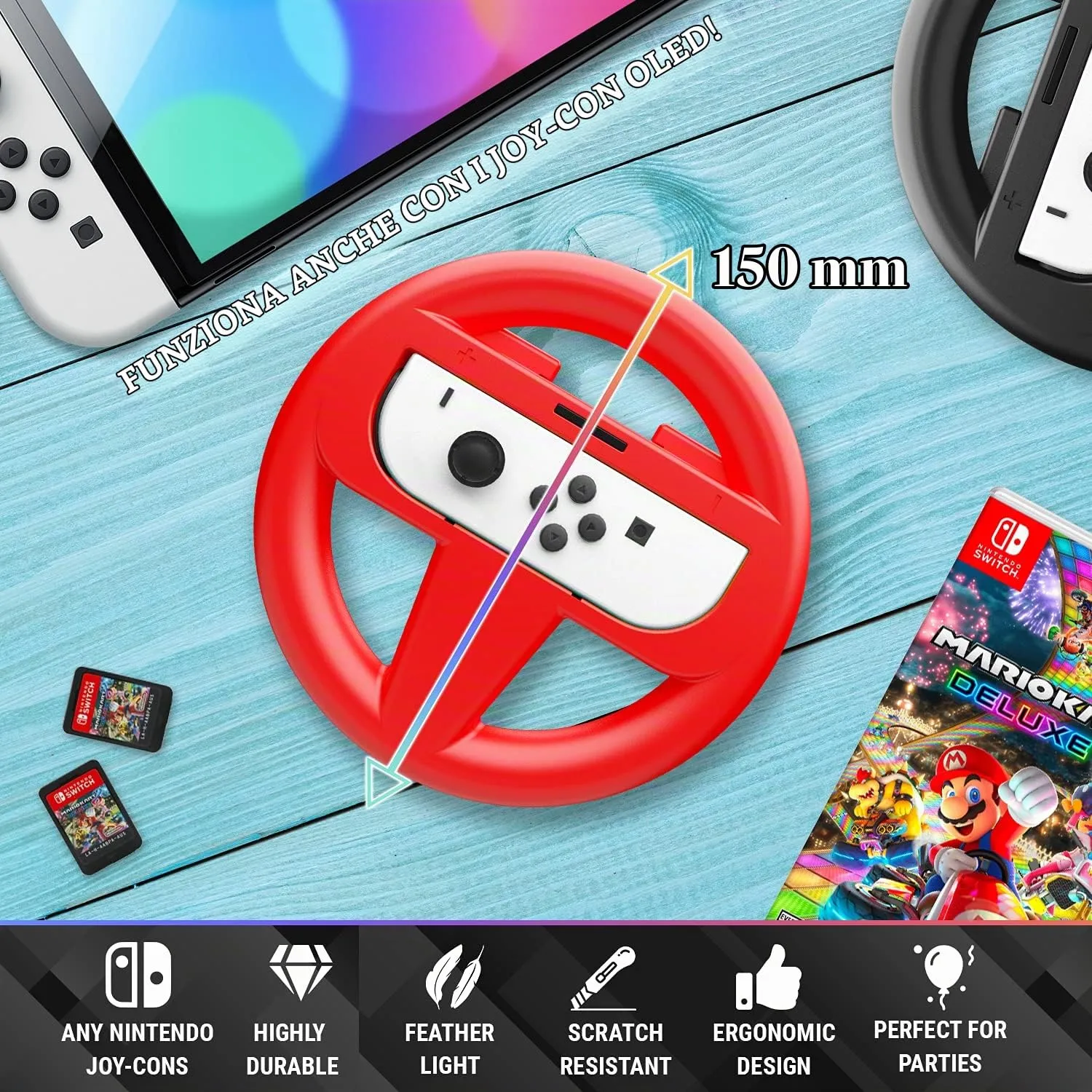 Orzly Lenkrad Vier Pack für Nintendo Switch (1x Blau, 1x Rot, 2x Schwarz) - immagine 6