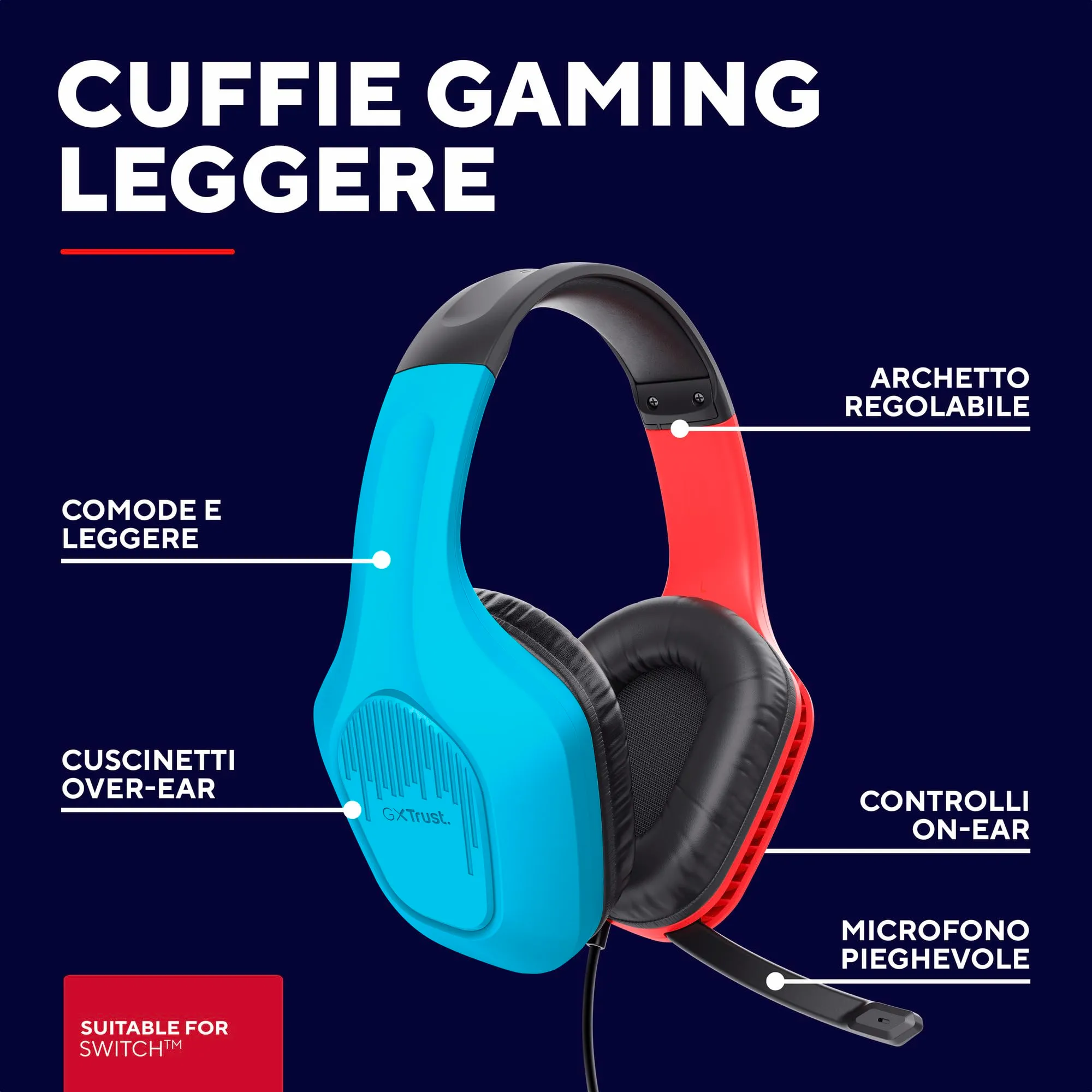GXTrust Zirox Cuffie Gaming per Nintendo Switch, Blu/Rosso - immagine 2