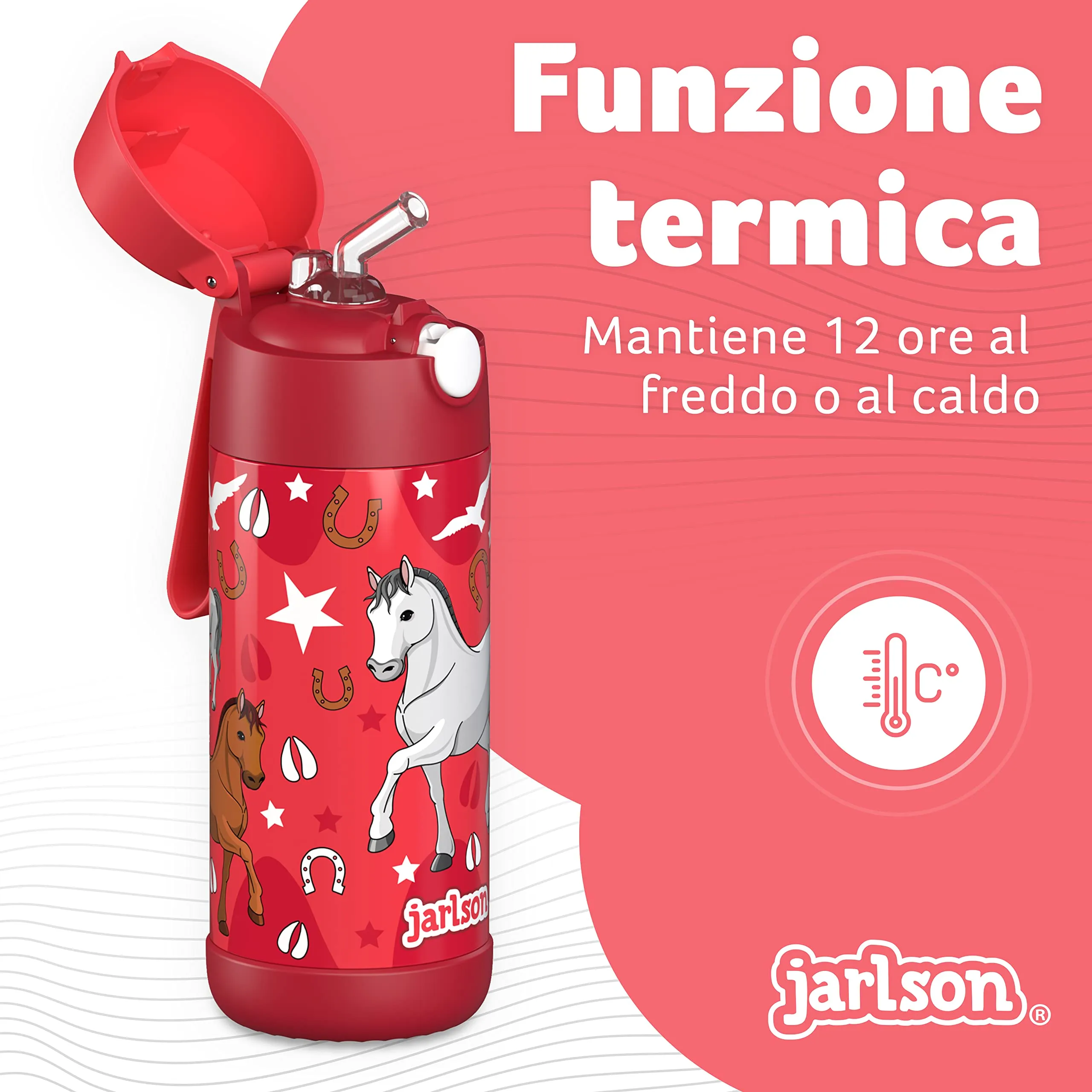Jarlson Borraccia Termica Bambini Charli 350ml con Cannuccia in Acciaio Inox - Cavalla - immagine 2