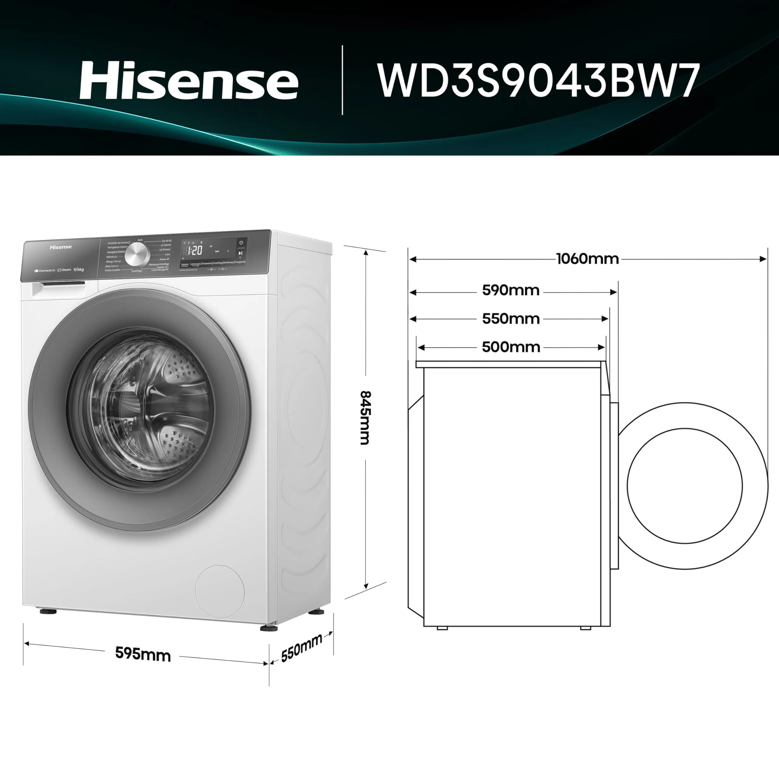 Hisense WD3S9043BW7 Lavasciuga 9 + 6 kg, 1400 RPM, Grigio, WiFi - immagine 2