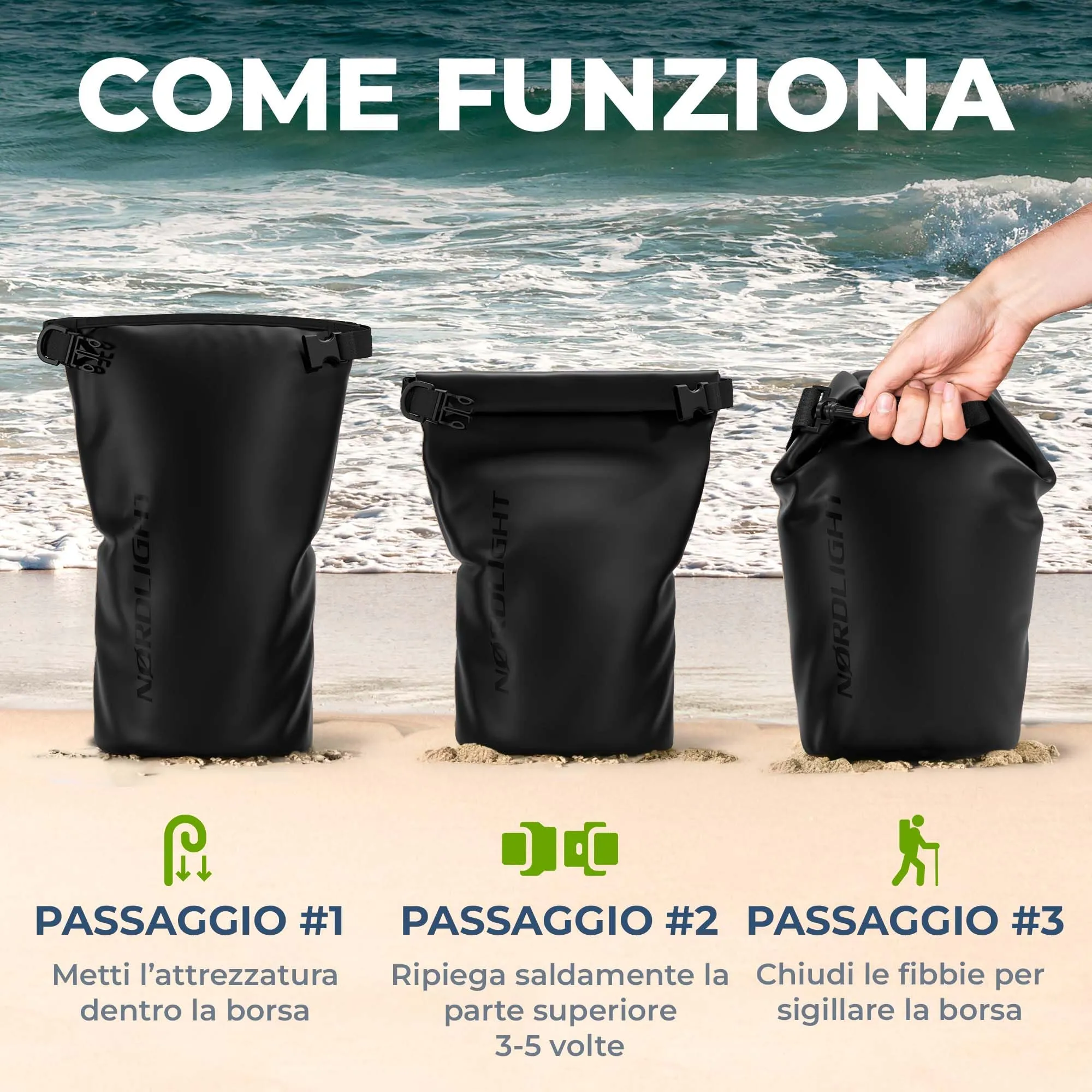 Nordlight Dry Bag Sacca Impermeabile, 5L, Nero - immagine 7