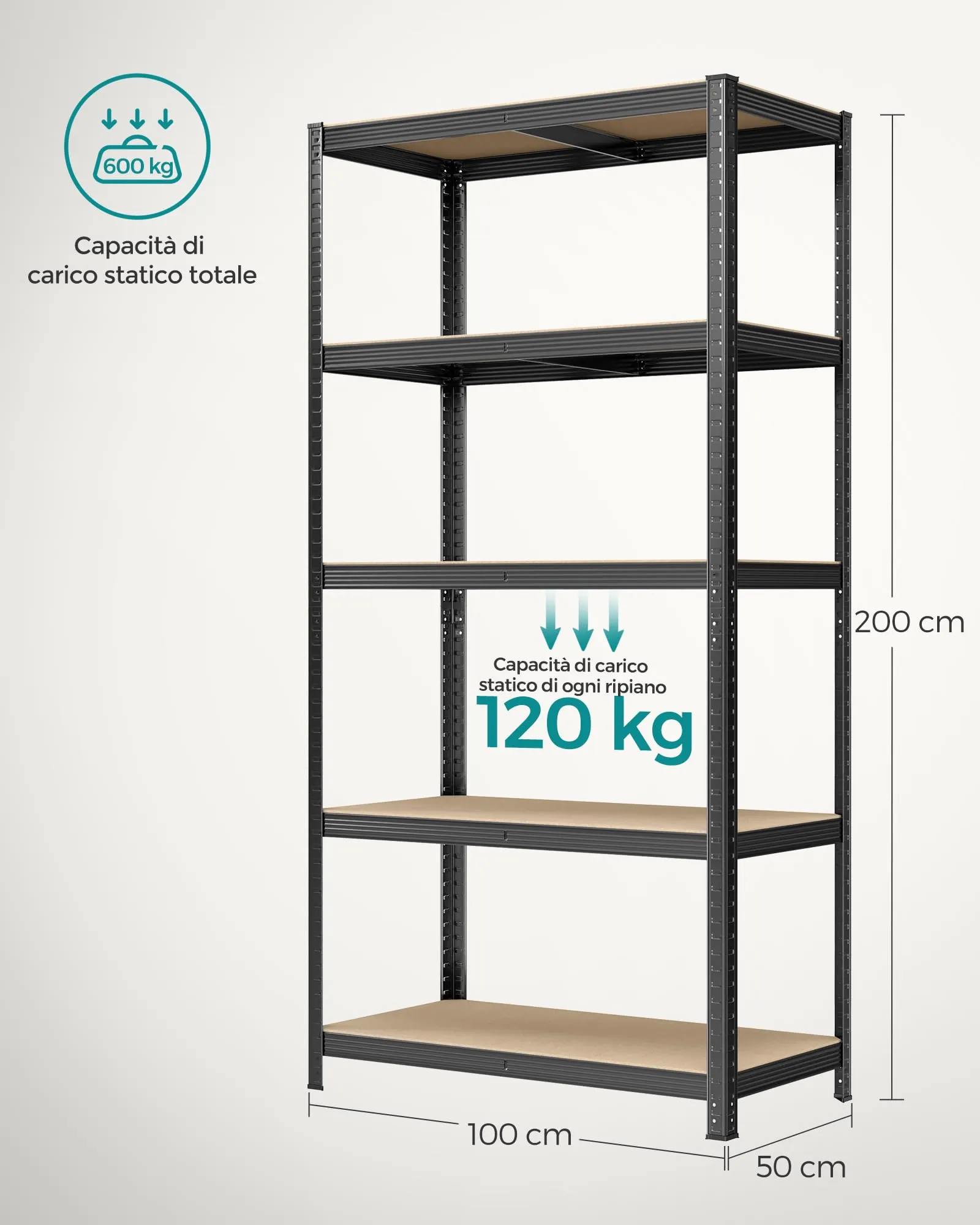 SONGMICS Set di 2 Scaffali in Metallo a 5 Ripiani, 50 x 100 x 200 cm, Nero GLR050B02 - immagine 3