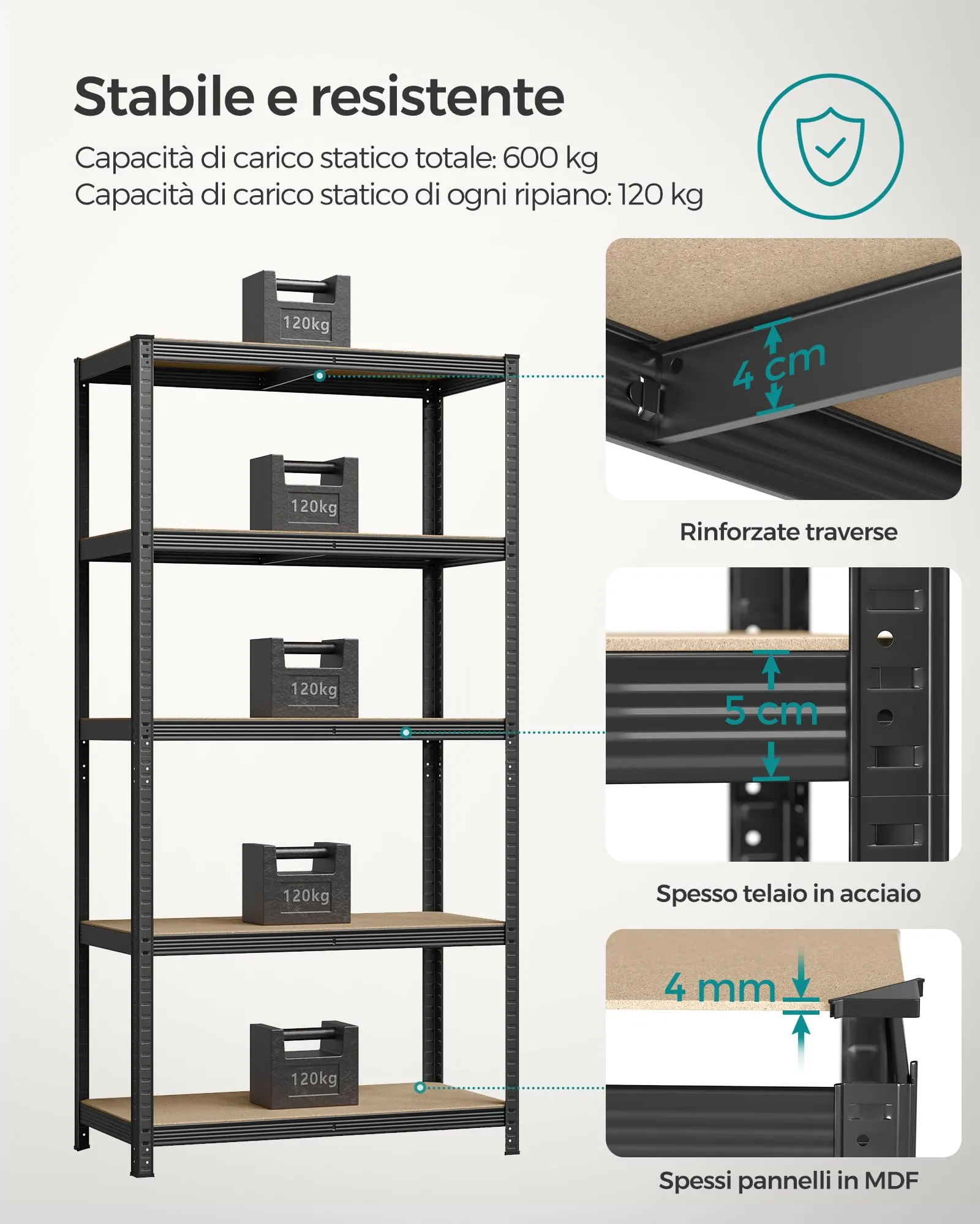 SONGMICS Set di 2 Scaffali in Metallo a 5 Ripiani, 50 x 100 x 200 cm, Nero GLR050B02 - immagine 4