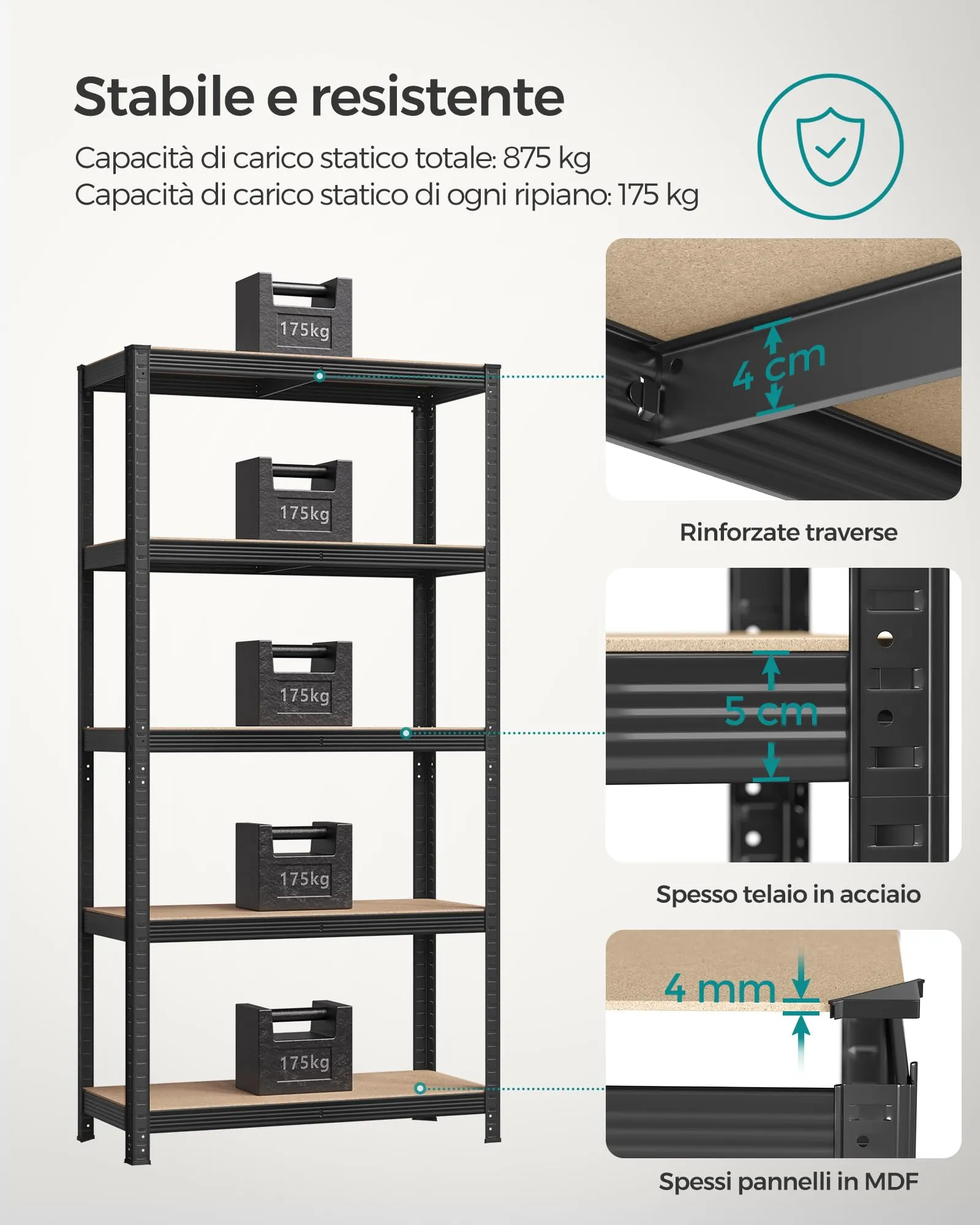 SONGMICS Set di 2 Scaffali in Metallo a 5 Ripiani Regolabili, 40 x 90 x 180 cm, Nero GLR040B02 - immagine 4