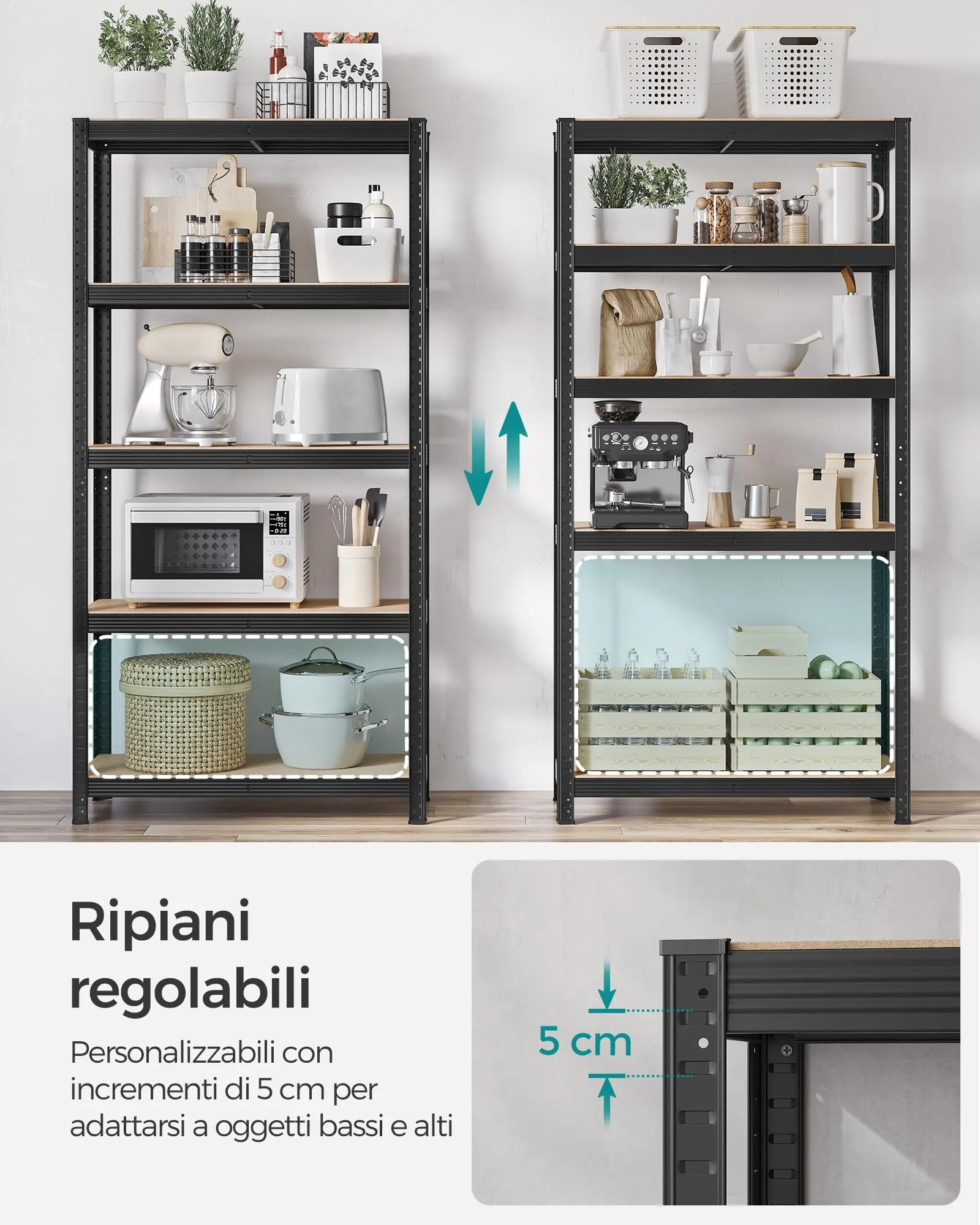 SONGMICS Set di 2 Scaffali in Metallo a 5 Ripiani Regolabili, 40 x 90 x 180 cm, Nero GLR040B02 - immagine 5