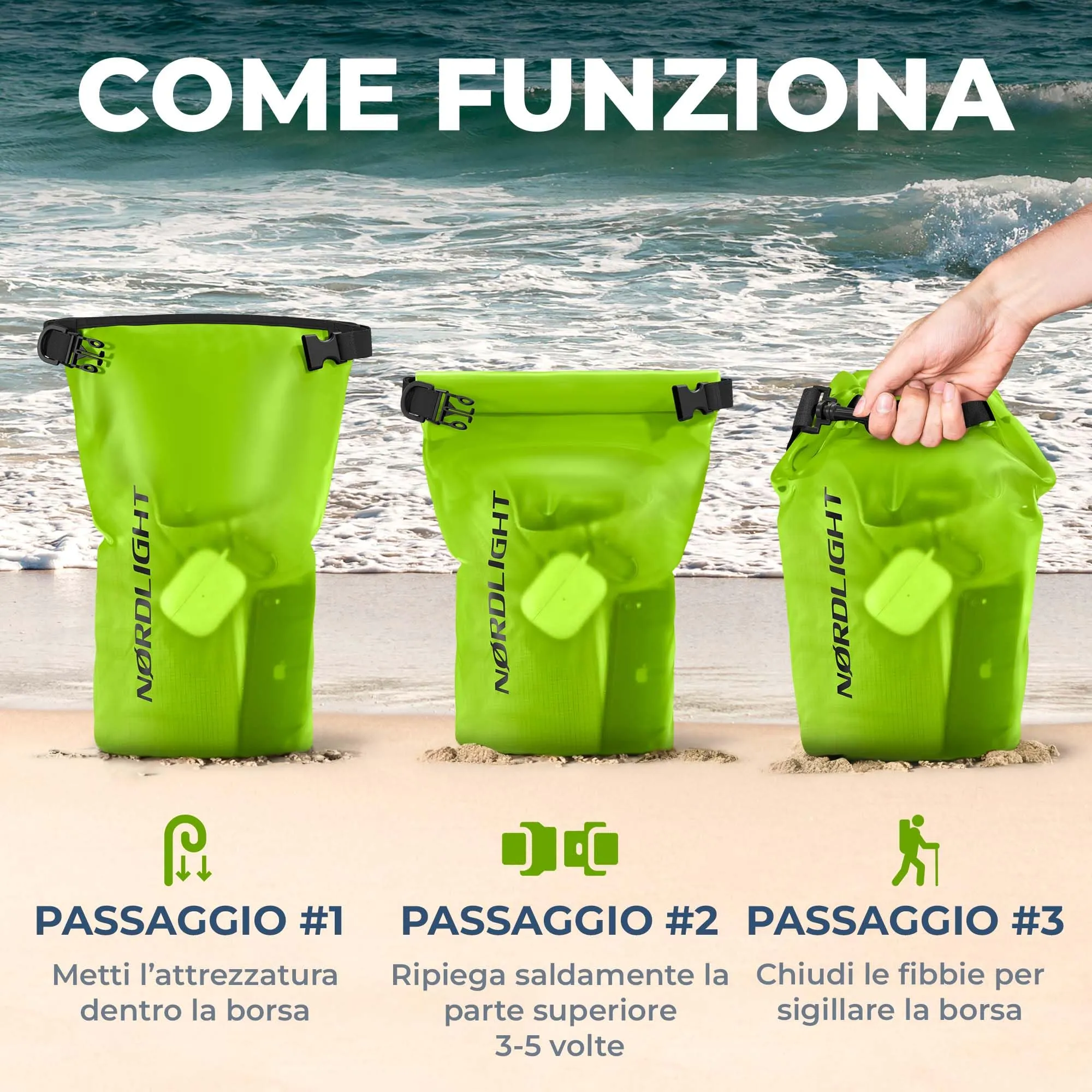 Nordlight Dry Bag Sacca Impermeabile 20L, Verde - immagine 7