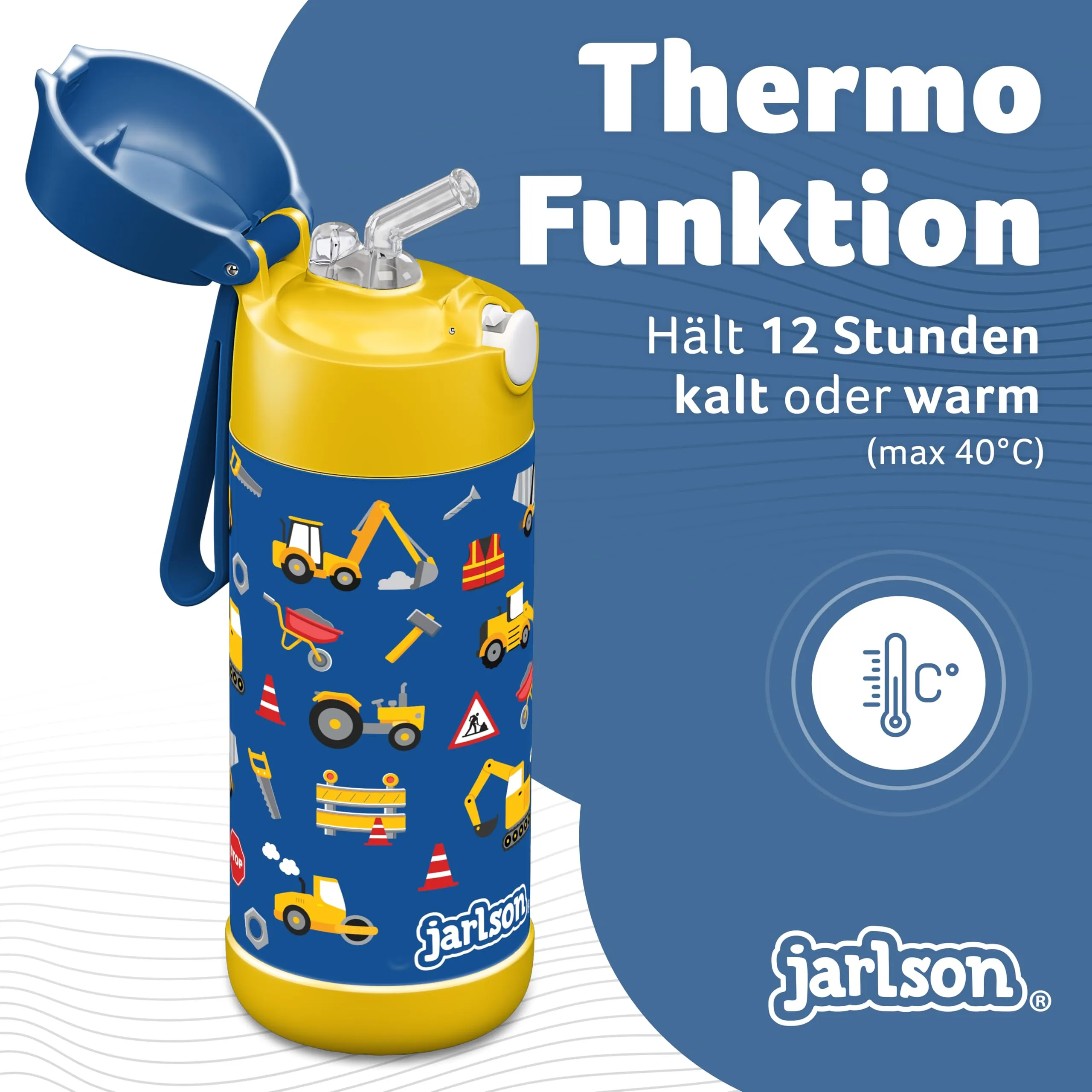 Jarlson Borraccia Termica Bambini Charli con Cannuccia, Acciaio Inox, 350 ml, Cantiere - immagine 2