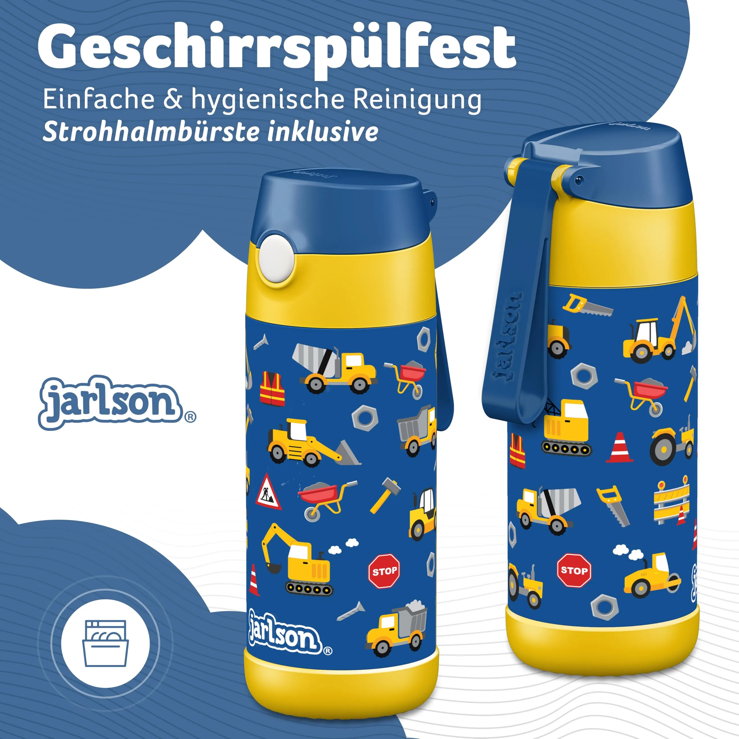 Jarlson Borraccia Termica Bambini Charli con Cannuccia, Acciaio Inox, 350 ml, Cantiere - immagine 3