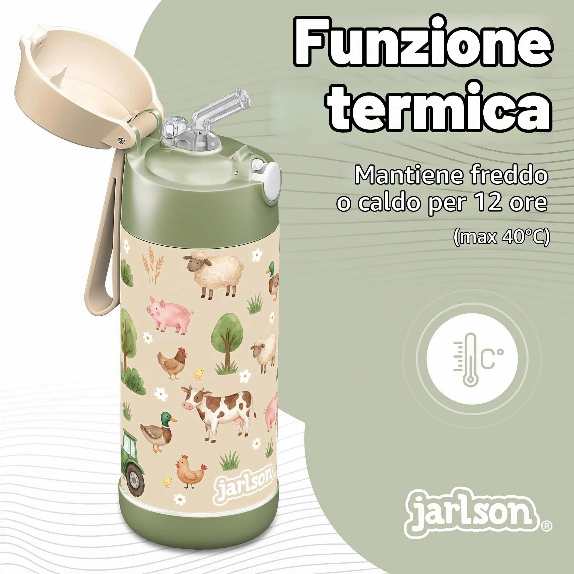 Jarlson Borraccia Termica Bambini Charli con Cannuccia, Acciaio Inox, 350 ml, Fattoria - immagine 2