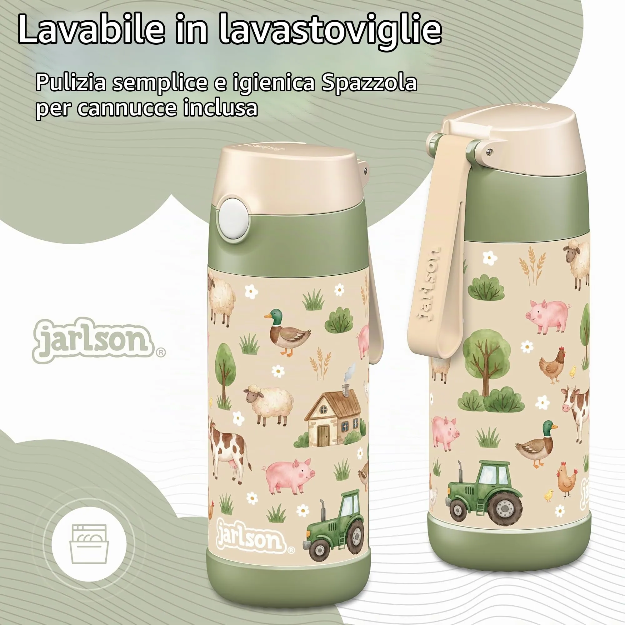 Jarlson Borraccia Termica Bambini Charli con Cannuccia, Acciaio Inox, 350 ml, Fattoria - immagine 3