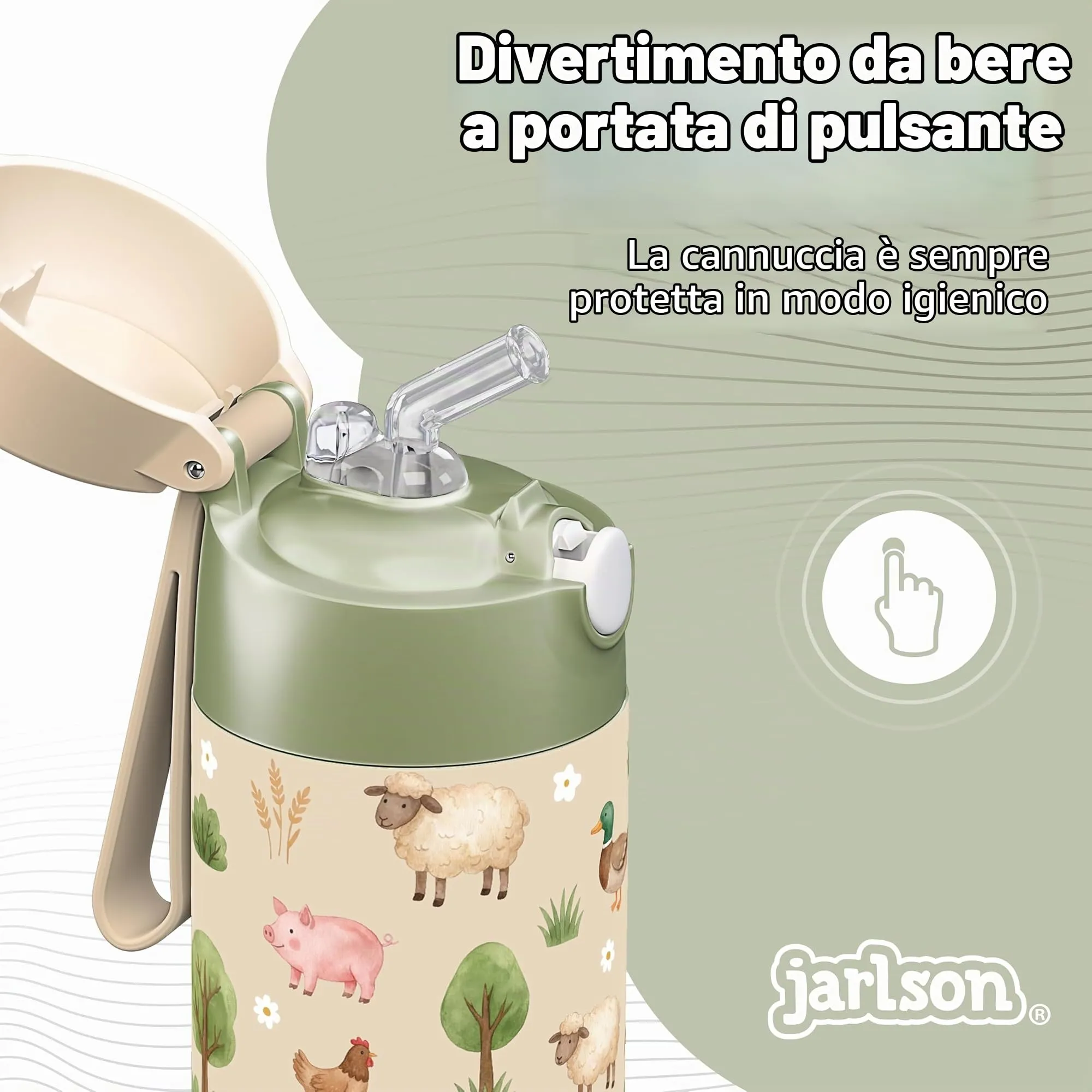 Jarlson Borraccia Termica Bambini Charli con Cannuccia, Acciaio Inox, 350 ml, Fattoria - immagine 4