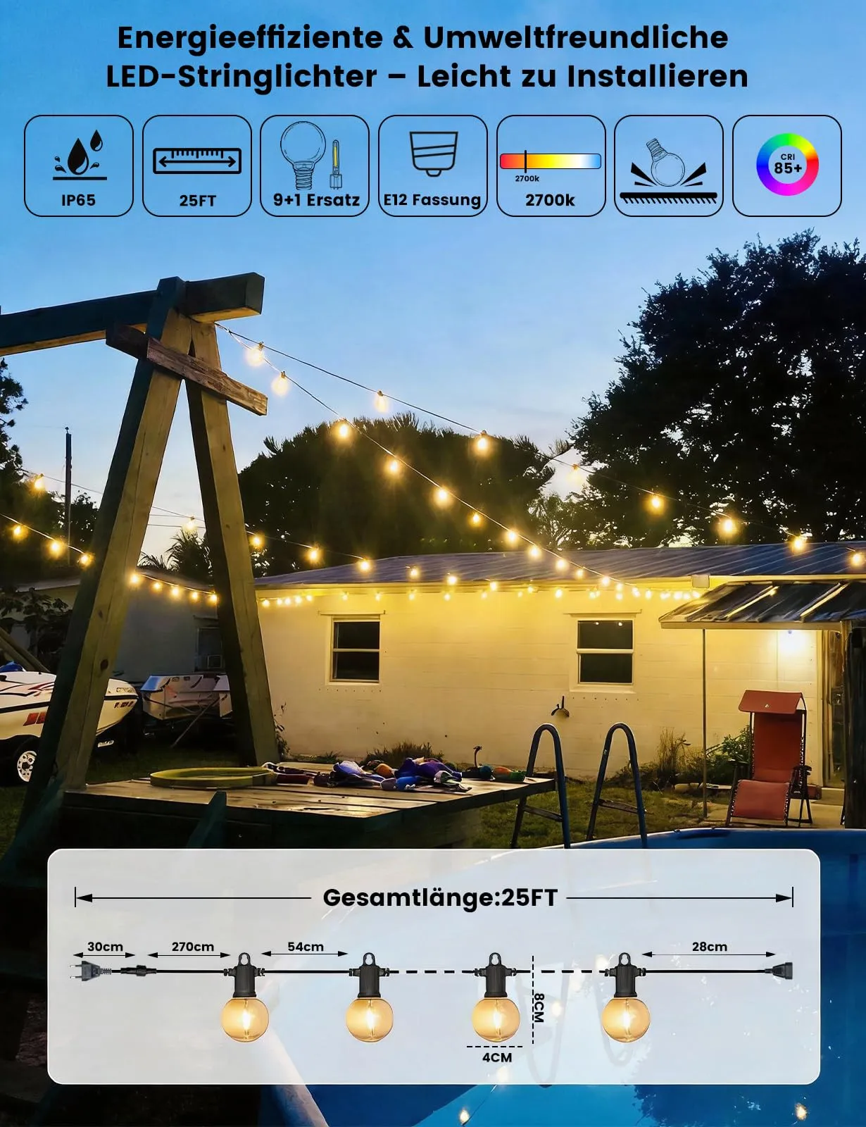 ZOTOYI Catena Luminose Esterno LED G40, 7.6M con 10 Lampadine - immagine 6