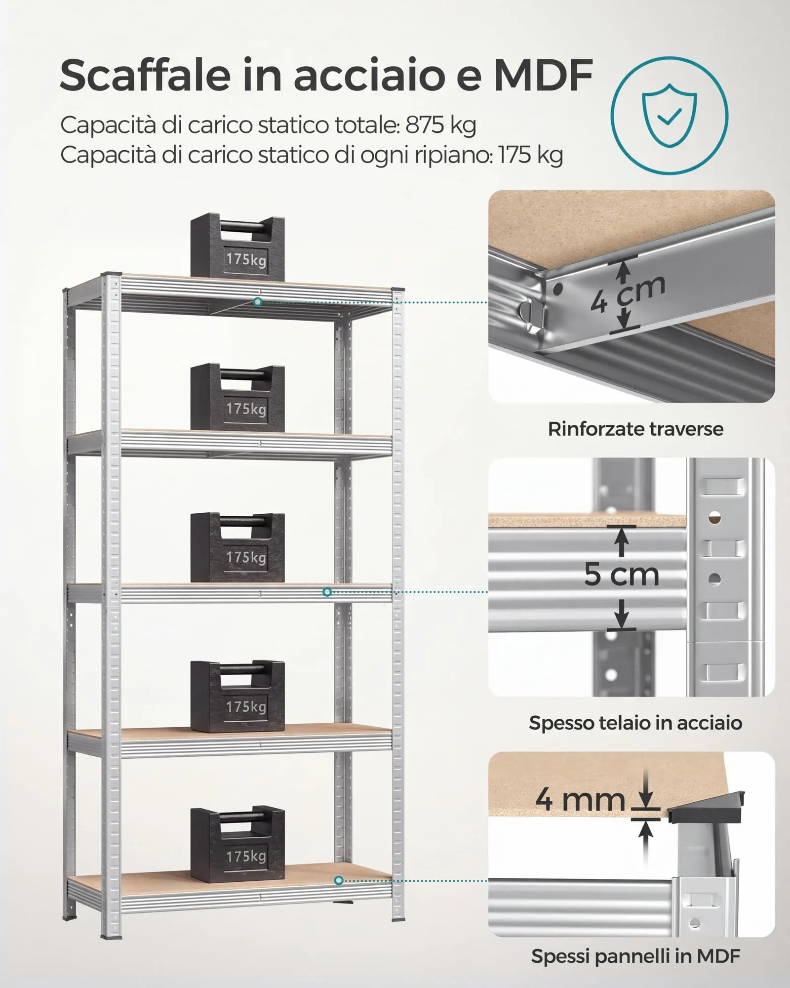 SONGMICS Set di 2 Scaffali in Metallo a 5 Ripiani Regolabili, 40 x 90 x 180 cm, Argento GLR040E02 - immagine 4