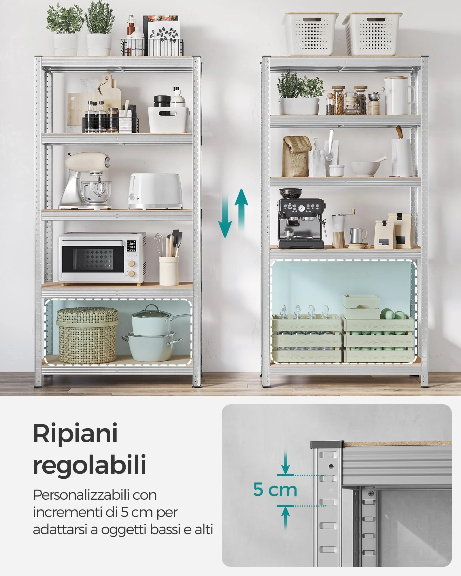 SONGMICS Set di 2 Scaffali in Metallo a 5 Ripiani Regolabili, 40 x 90 x 180 cm, Argento GLR040E02 - immagine 5