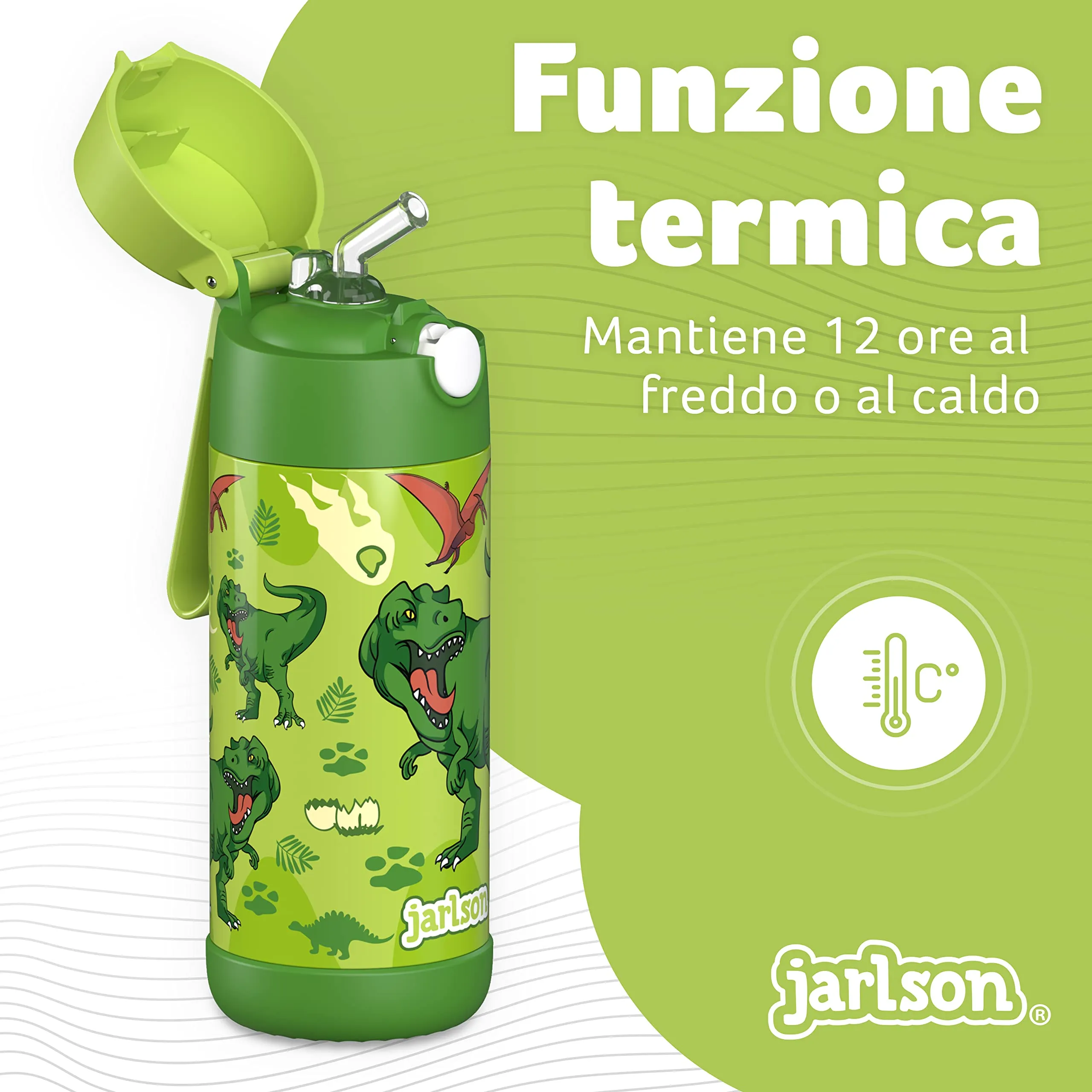Jarlson Borraccia Termica Bambini Charli 350ml con Cannuccia, Acciaio Inox (Dinosauro) - immagine 2