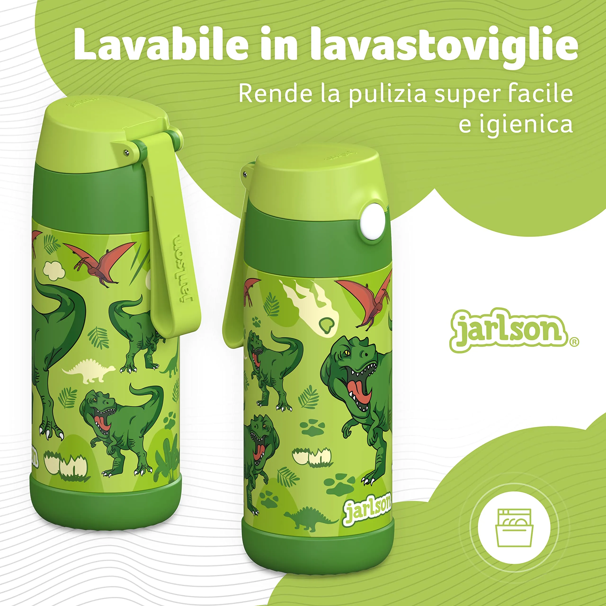 Jarlson Borraccia Termica Bambini Charli 350ml con Cannuccia, Acciaio Inox (Dinosauro) - immagine 4