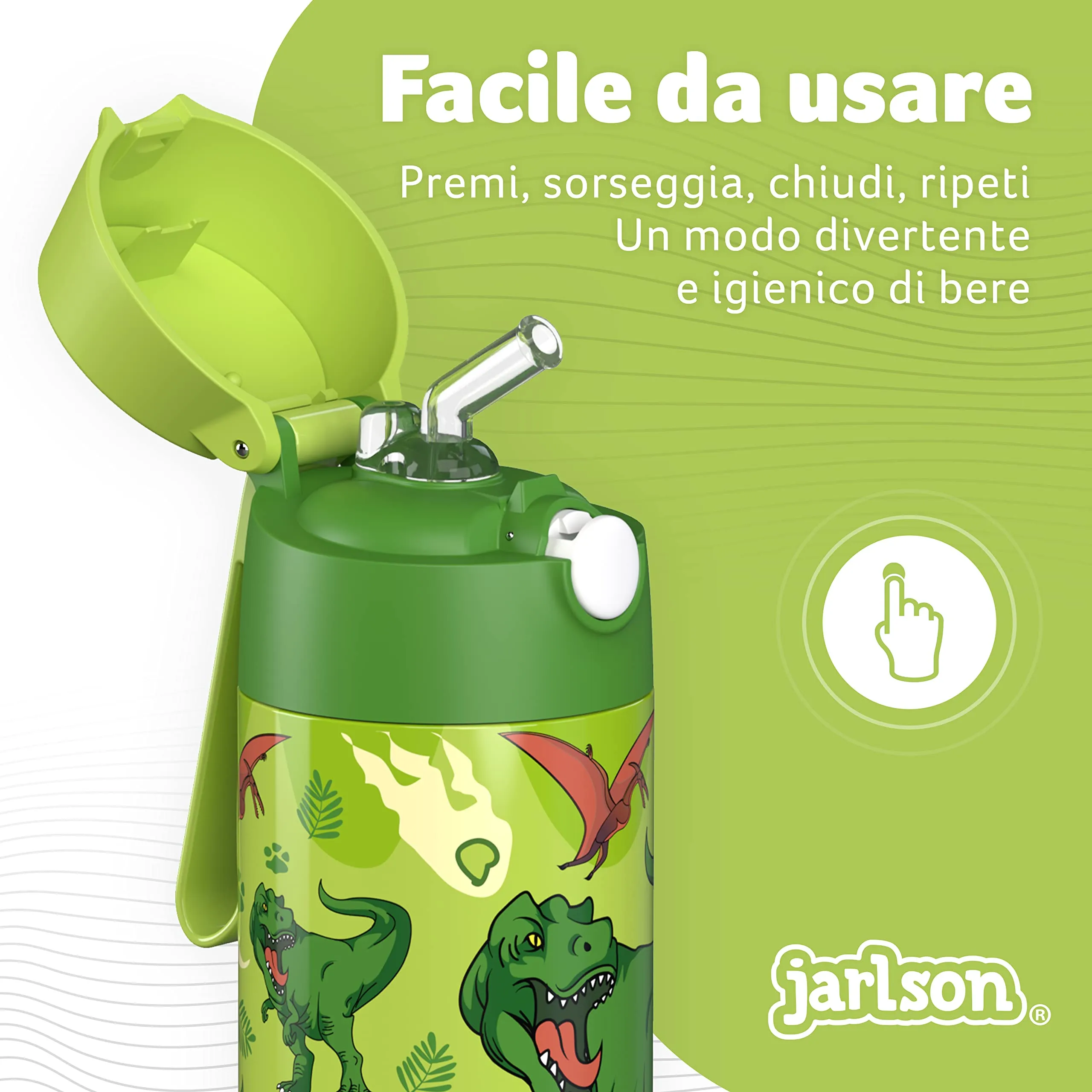 Jarlson Borraccia Termica Bambini Charli 350ml con Cannuccia, Acciaio Inox (Dinosauro) - immagine 6