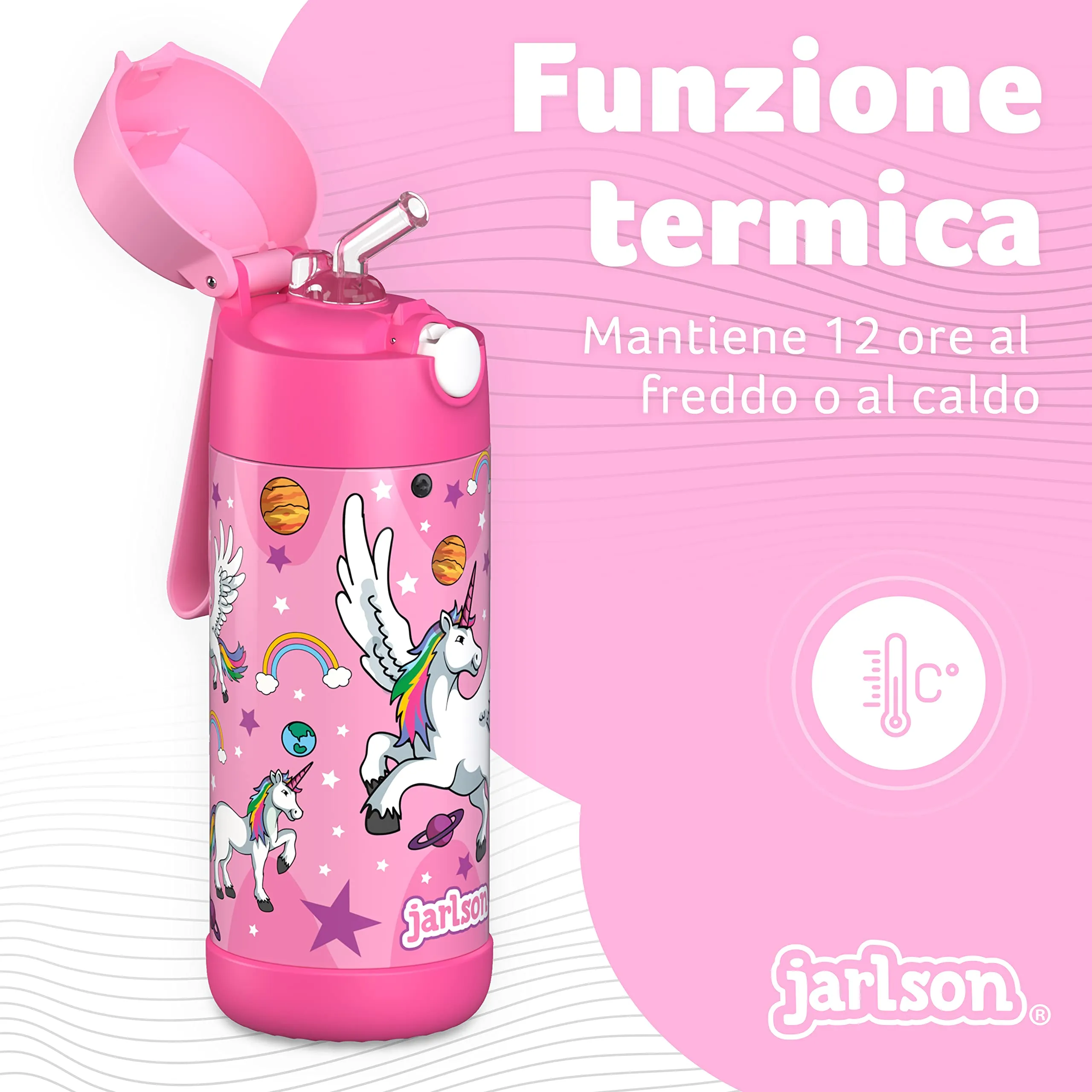 Jarlson Borraccia Termica Bambini Charli 350ml con Cannuccia, Acciaio Inox, Unicorno 2 - immagine 2