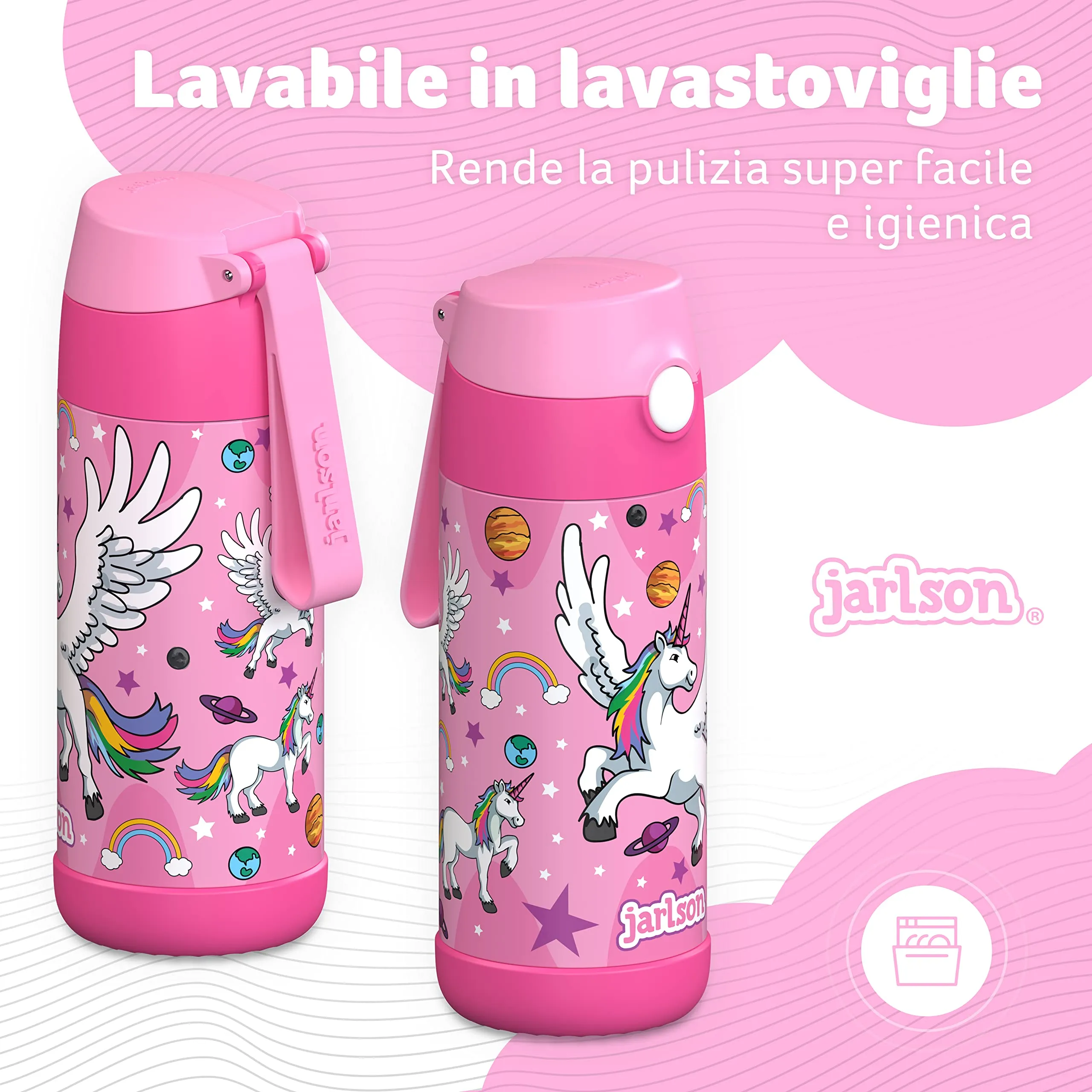 Jarlson Borraccia Termica Bambini Charli 350ml con Cannuccia, Acciaio Inox, Unicorno 2 - immagine 4
