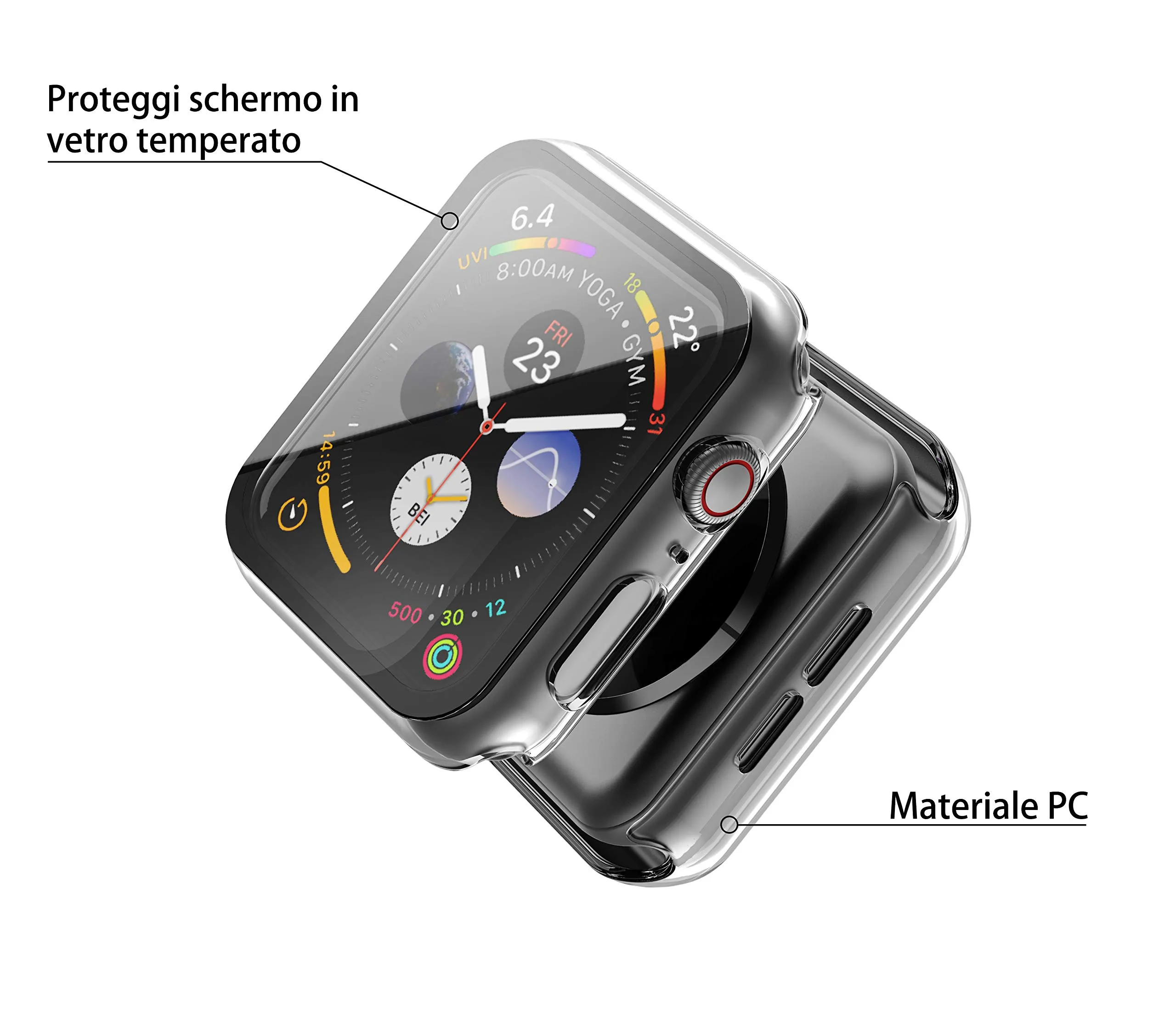 Misxi Cover con Vetro Temperato per Apple Watch SE3/SE2/SE/Serie 6/5/4 44mm, Trasparente (2 Pezzi) - immagine 3