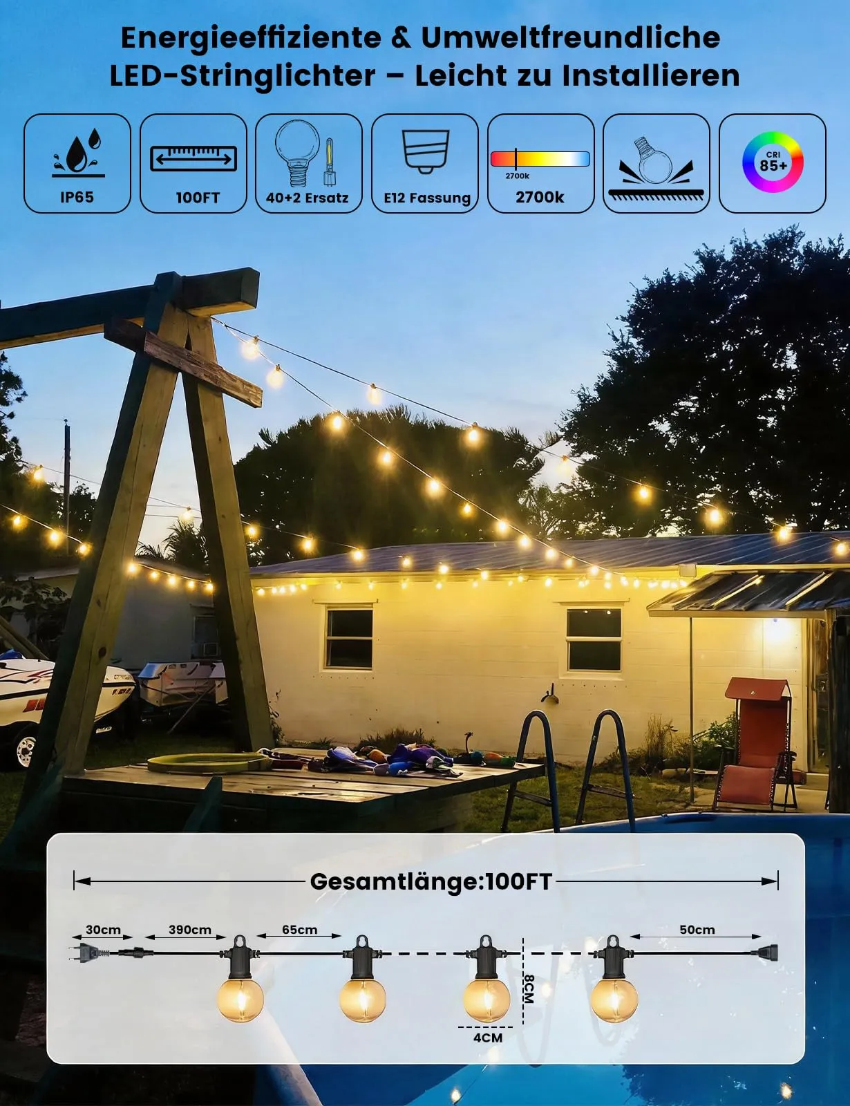 ZOTOYI Catena Luminose Esterno LED G40, 30M con 42 Lampadine - immagine 7