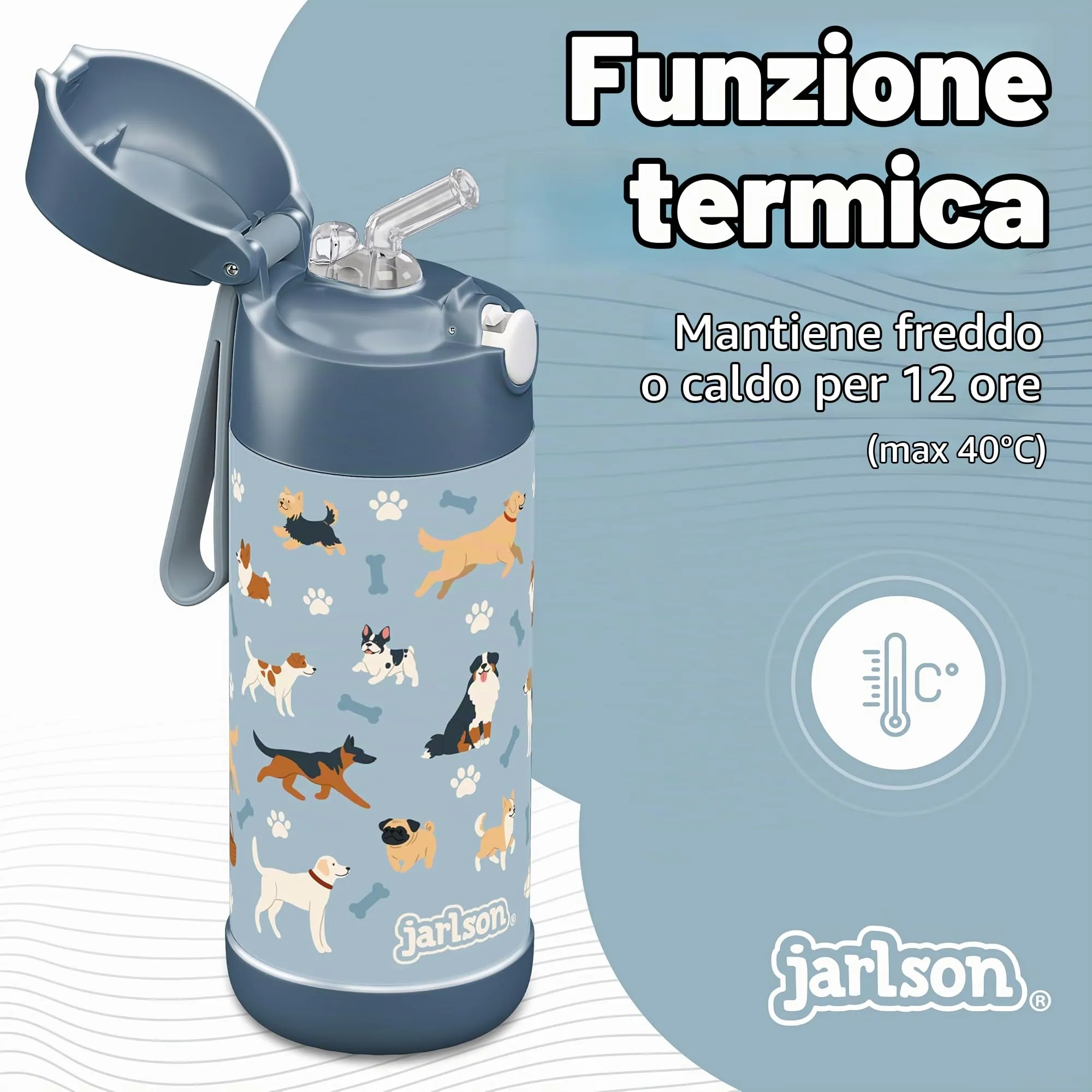 Jarlson Borraccia Termica Bambini Charli con Cannuccia, Acciaio Inox, 350ml, Cani - immagine 2
