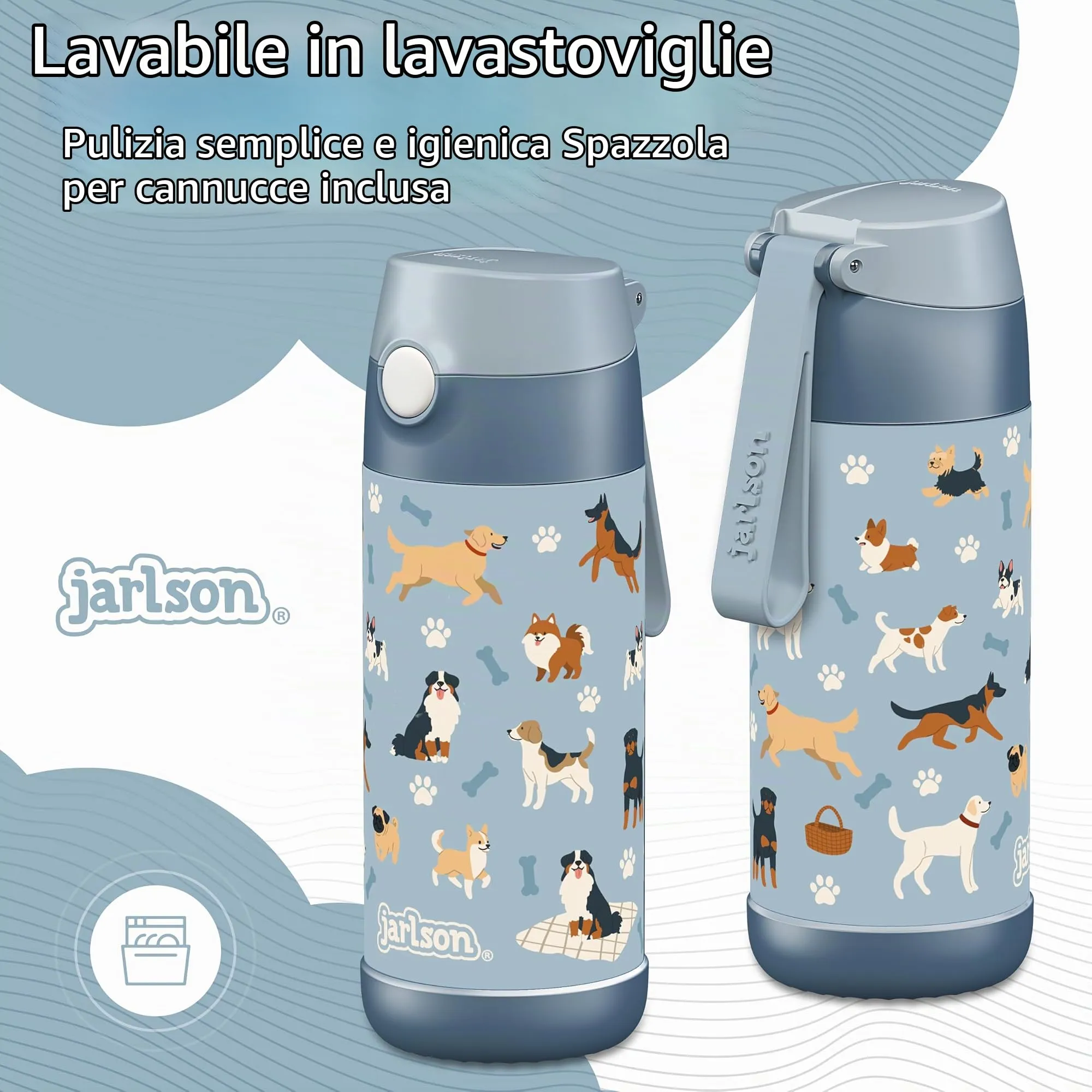 Jarlson Borraccia Termica Bambini Charli con Cannuccia, Acciaio Inox, 350ml, Cani - immagine 3
