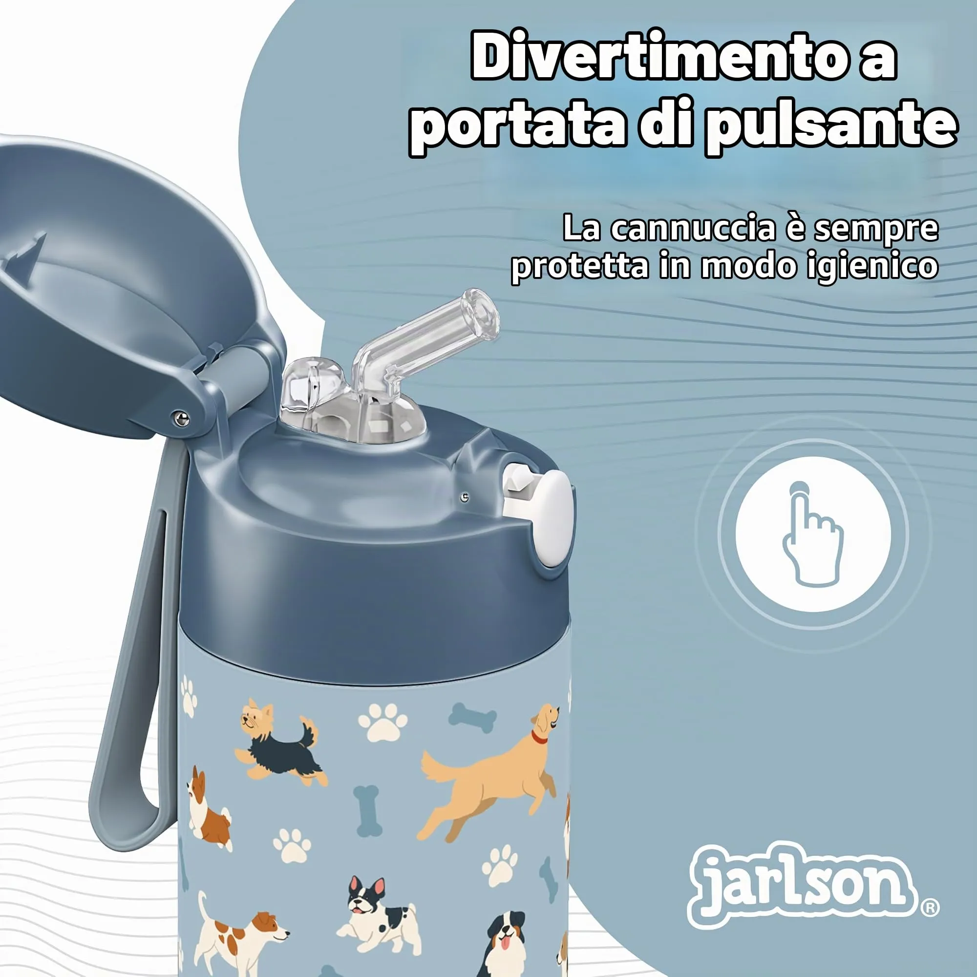 Jarlson Borraccia Termica Bambini Charli con Cannuccia, Acciaio Inox, 350ml, Cani - immagine 4