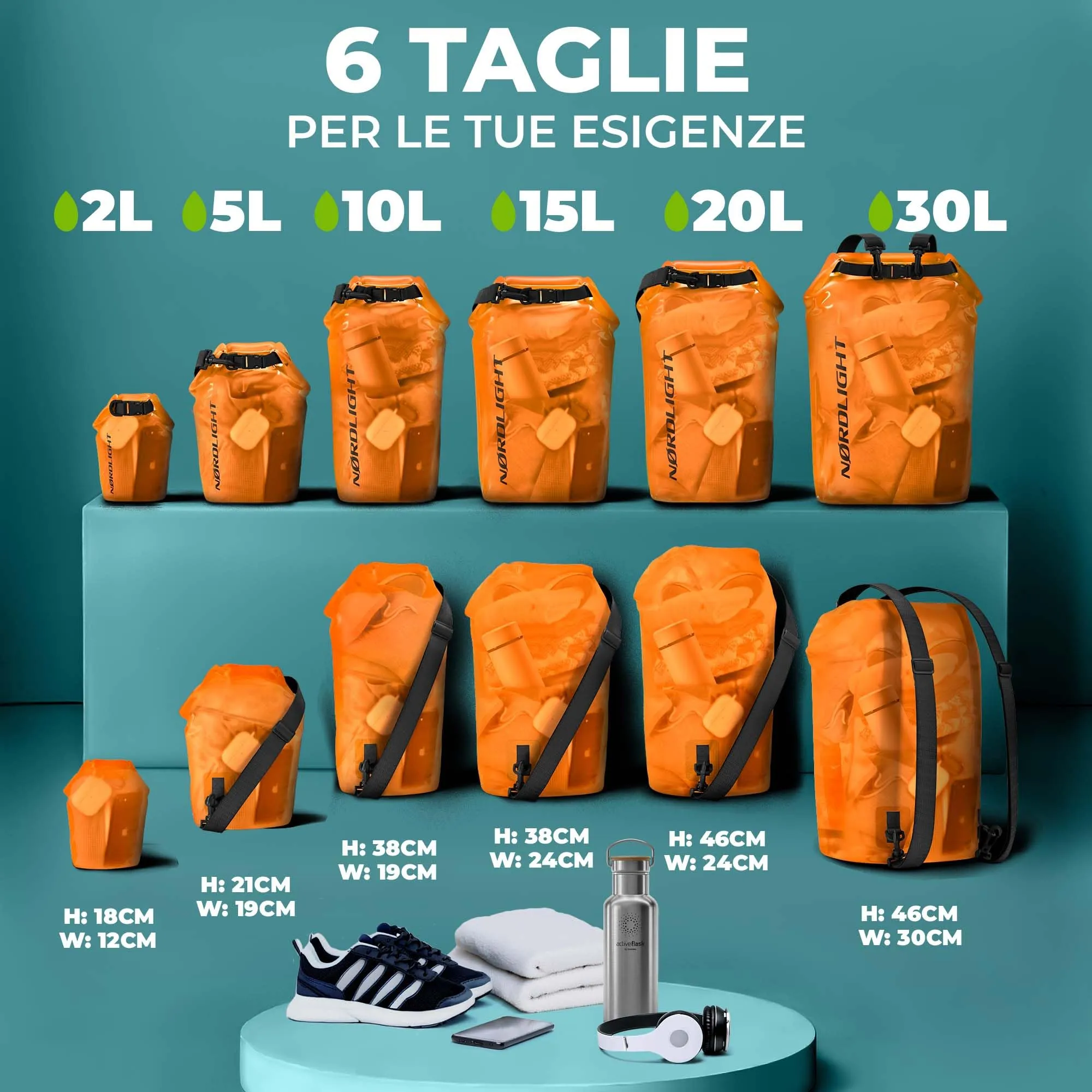 Nordlight Dry Bag Sacca Impermeabile 2L, Arancione - immagine 3