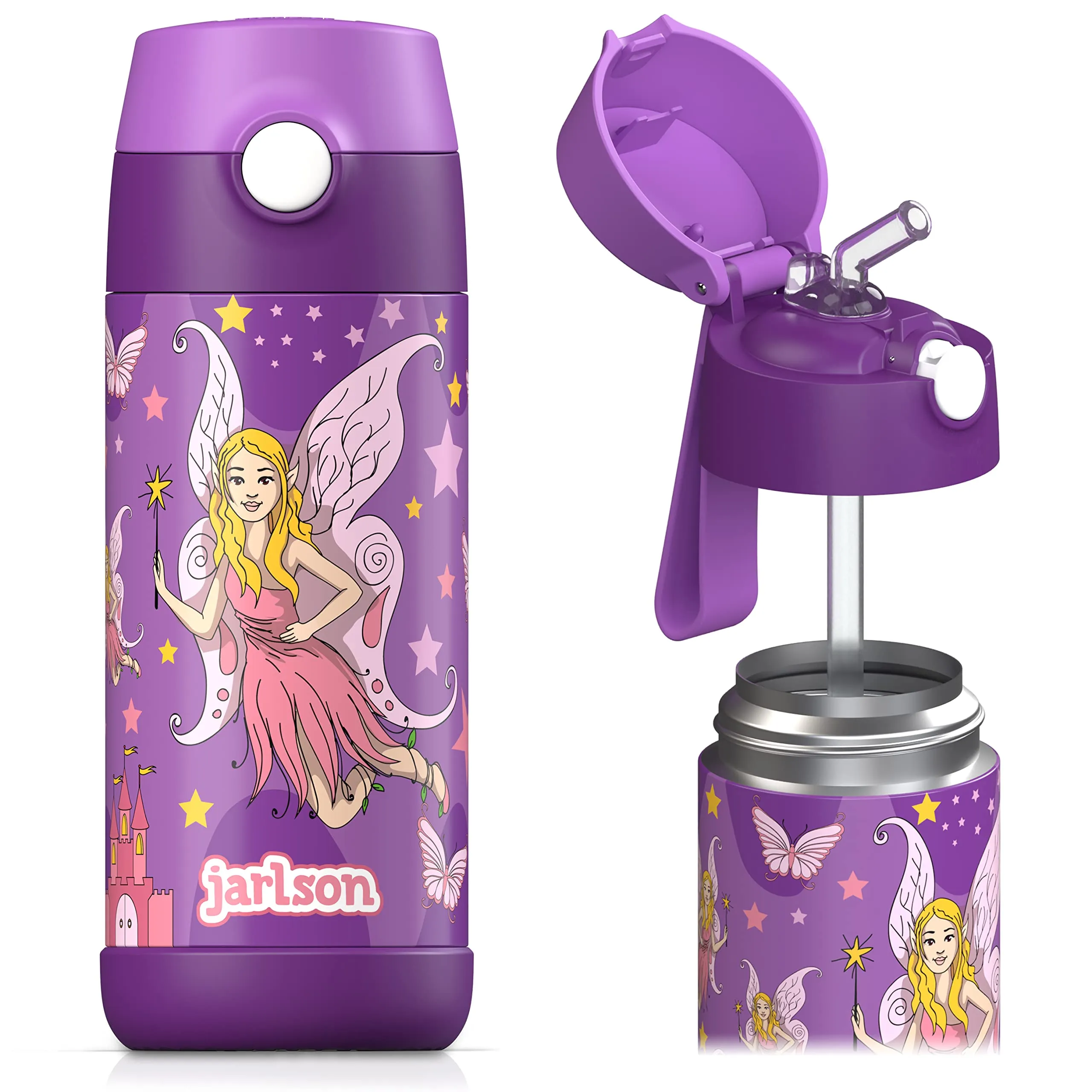 Jarlson Borraccia Termica Bambini Charli con Cannuccia, Acciaio Inox, 350ml, Fata 2 - immagine 1