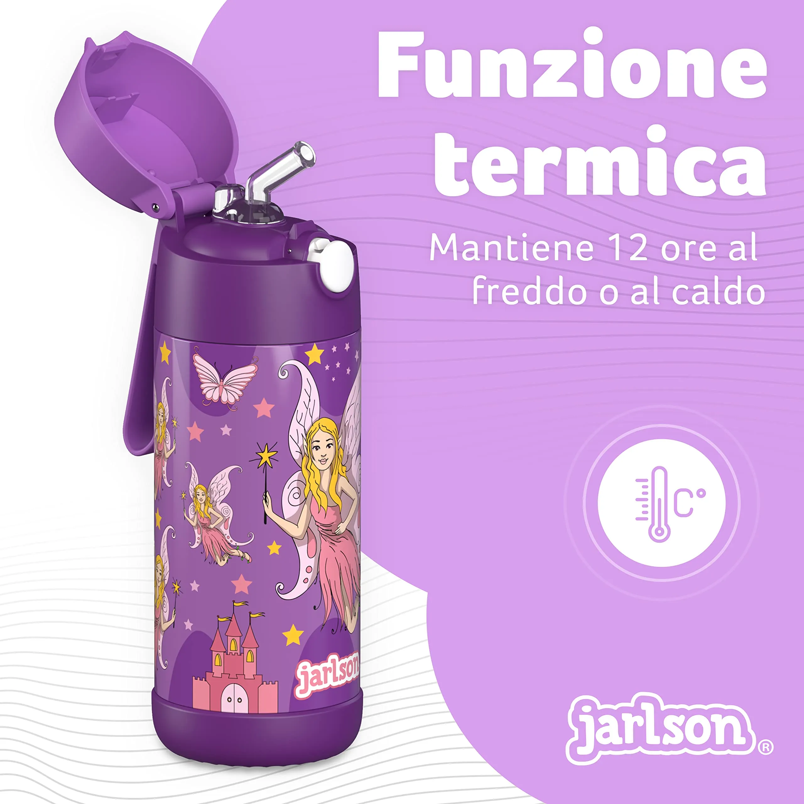 Jarlson Borraccia Termica Bambini Charli con Cannuccia, Acciaio Inox, 350ml, Fata 2 - immagine 2