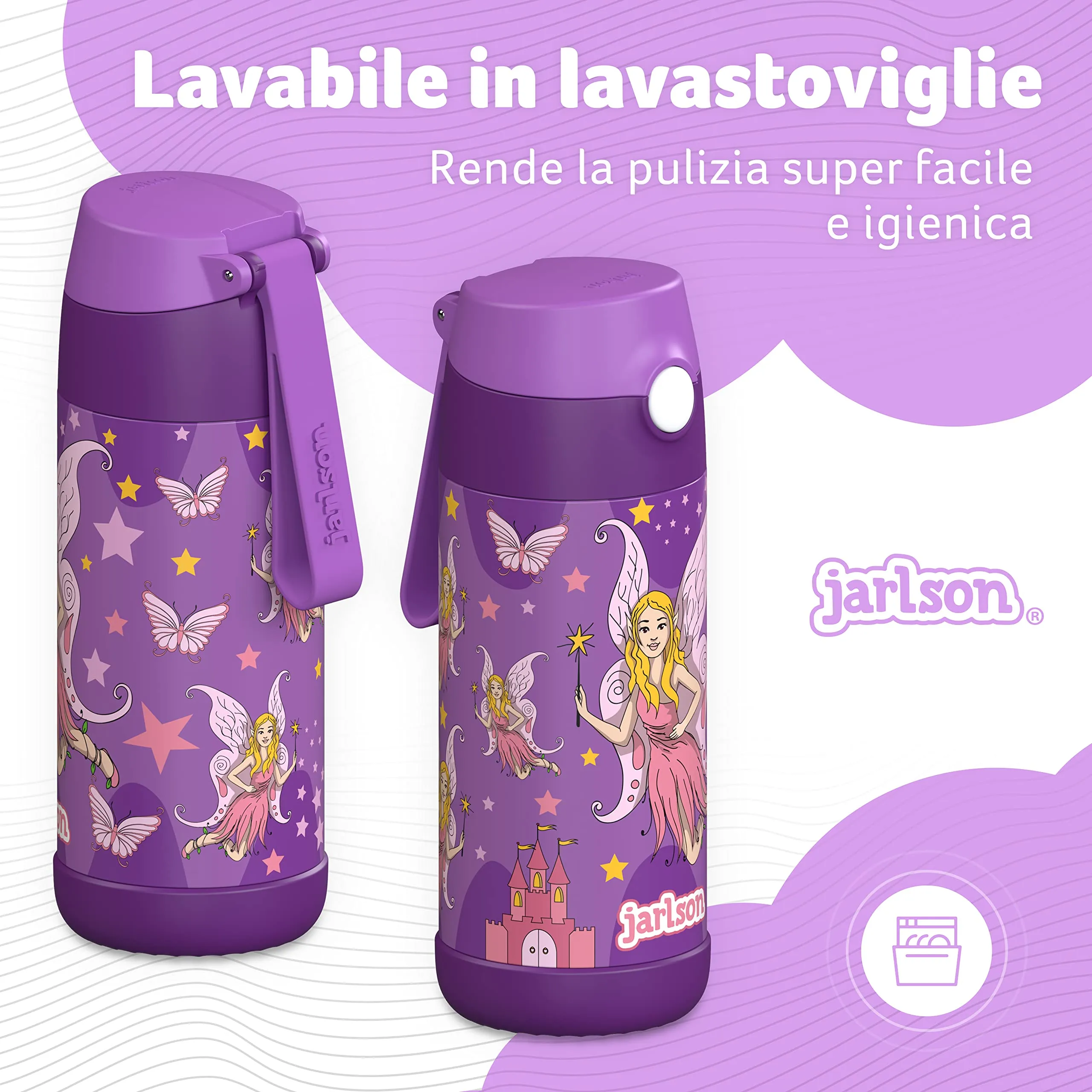Jarlson Borraccia Termica Bambini Charli con Cannuccia, Acciaio Inox, 350ml, Fata 2 - immagine 4