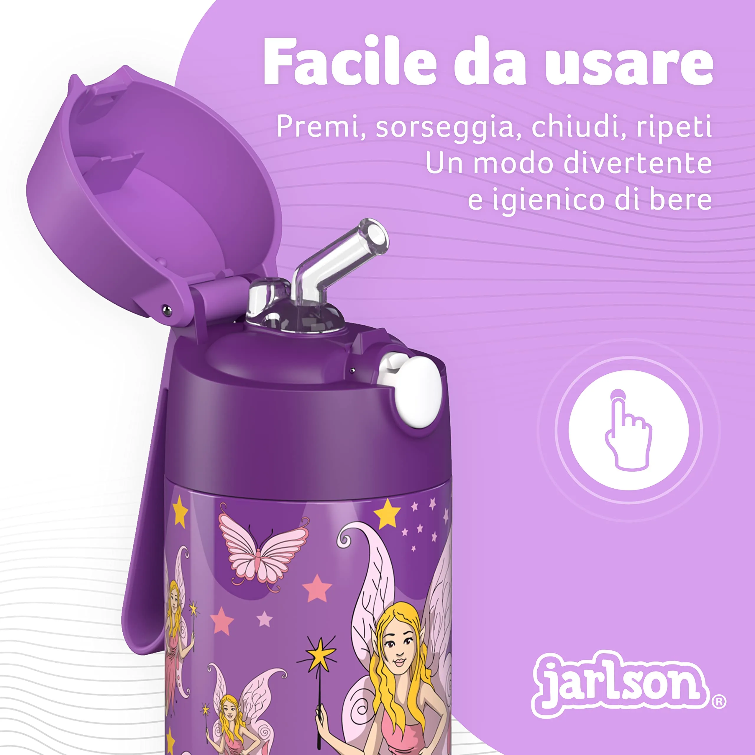 Jarlson Borraccia Termica Bambini Charli con Cannuccia, Acciaio Inox, 350ml, Fata 2 - immagine 6