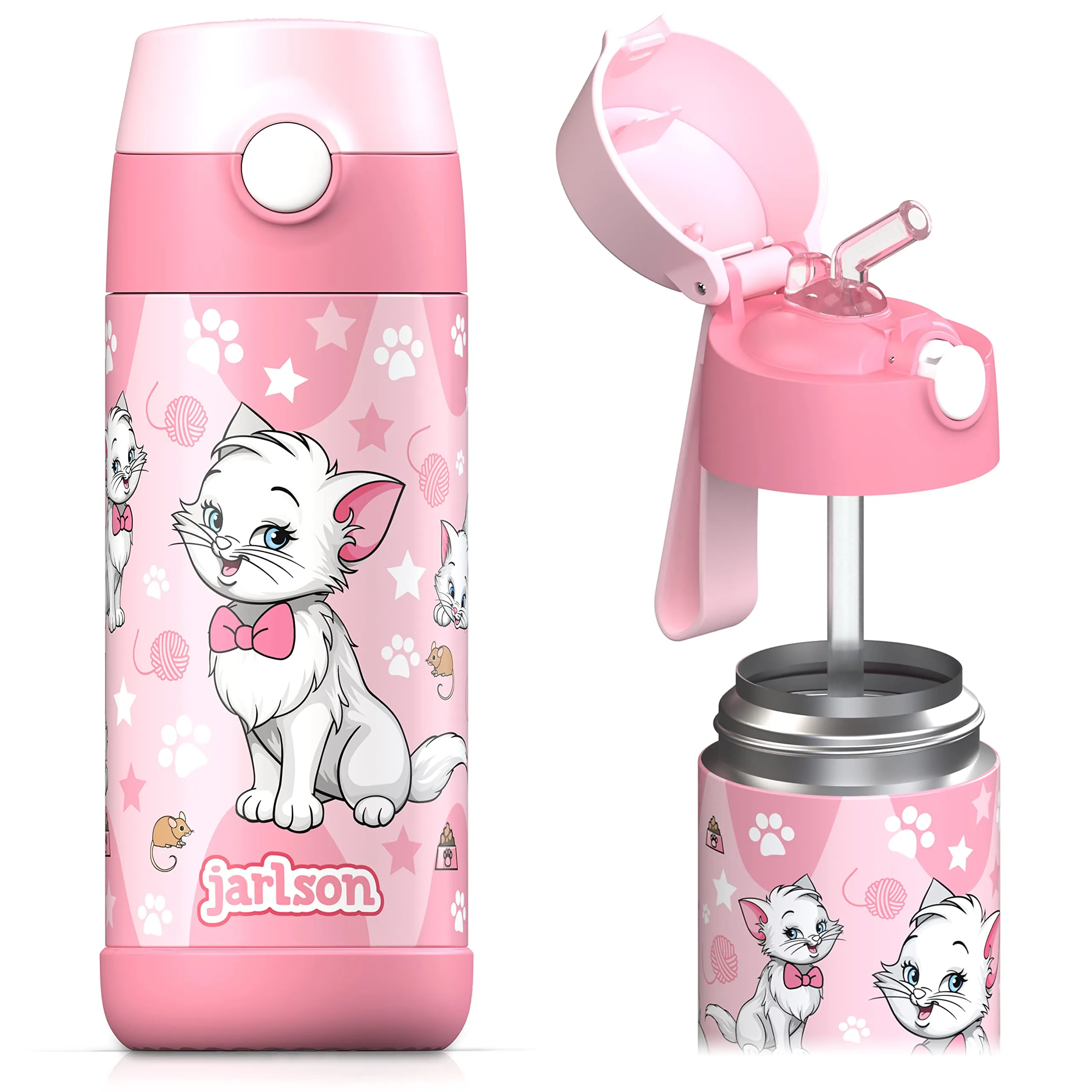Jarlson Borraccia Termica Bambini Charli 350ml con Cannuccia, Acciaio Inox (Gatto 2) - immagine 1