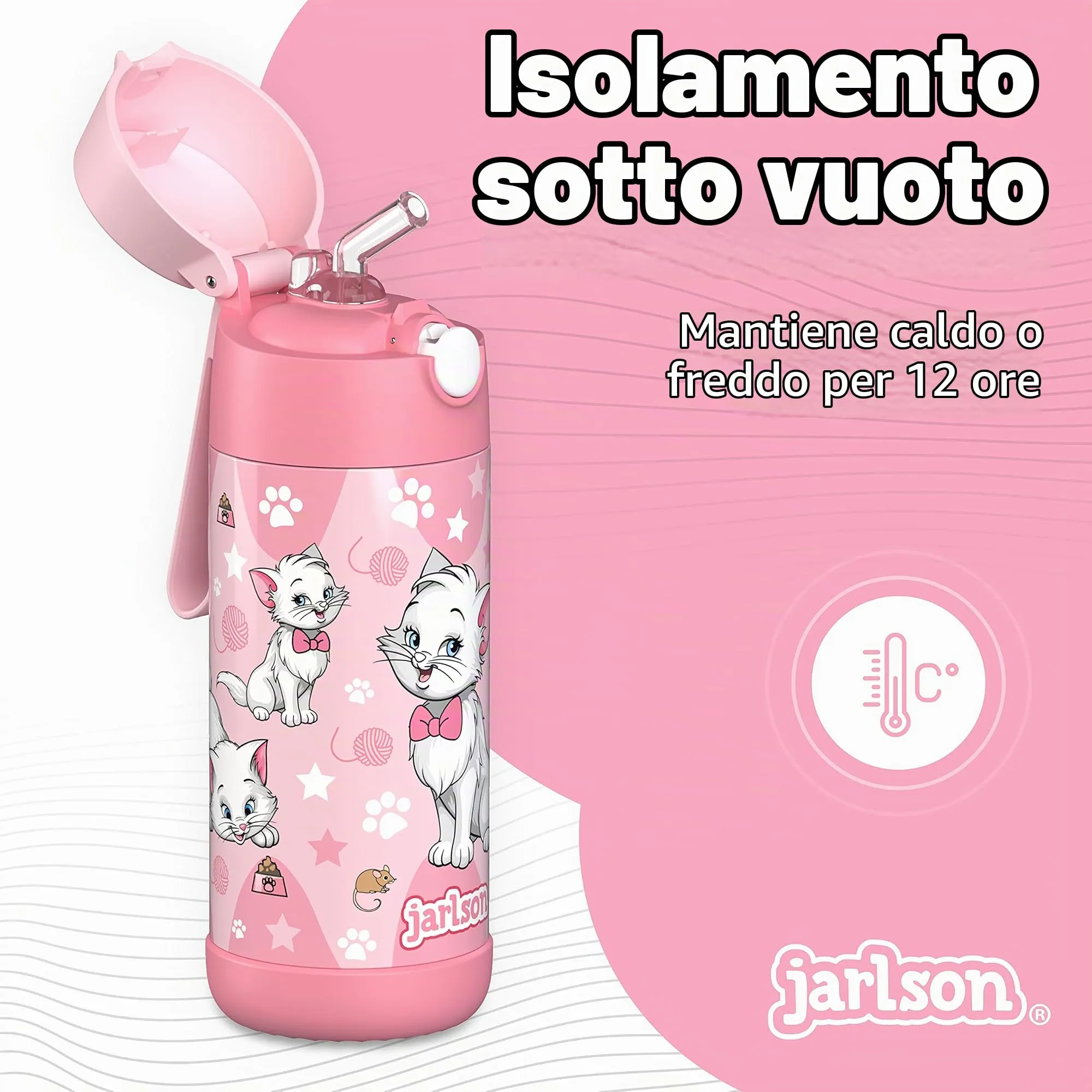 Jarlson Borraccia Termica Bambini Charli 350ml con Cannuccia, Acciaio Inox (Gatto 2) - immagine 2