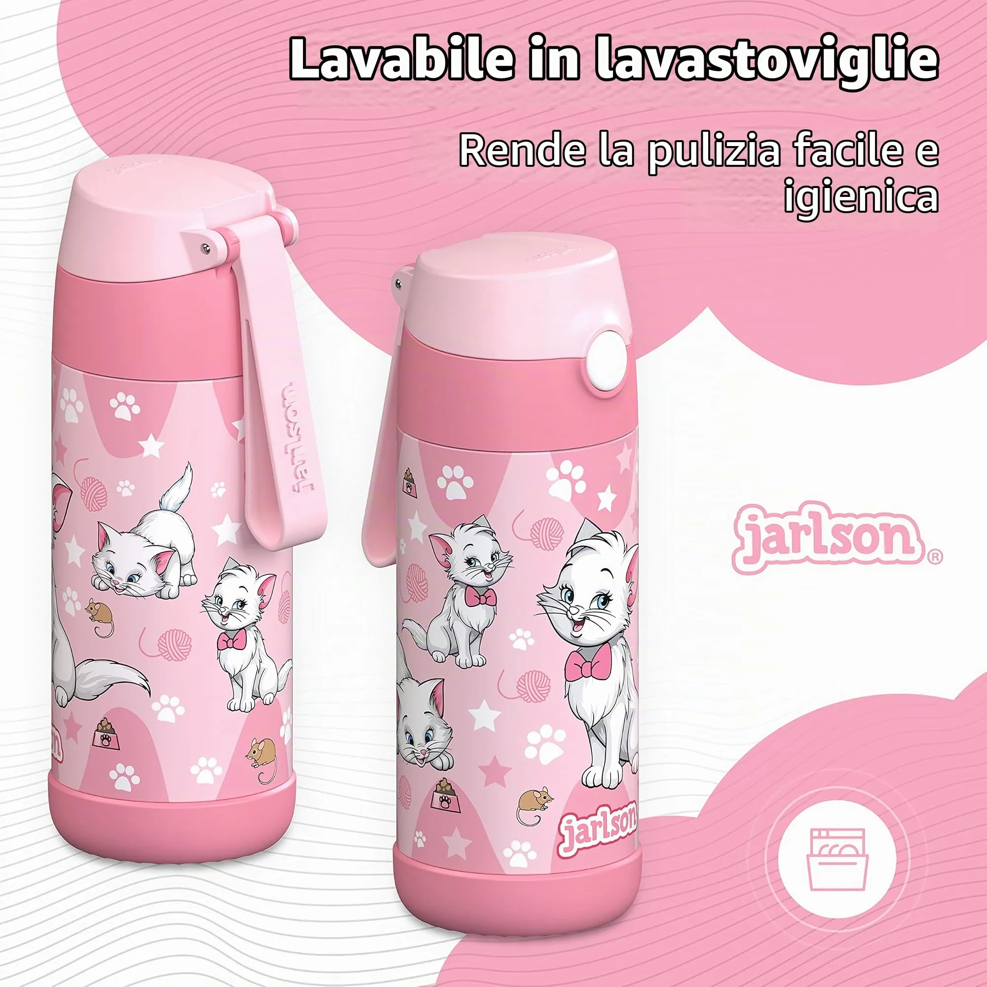 Jarlson Borraccia Termica Bambini Charli 350ml con Cannuccia, Acciaio Inox (Gatto 2) - immagine 4