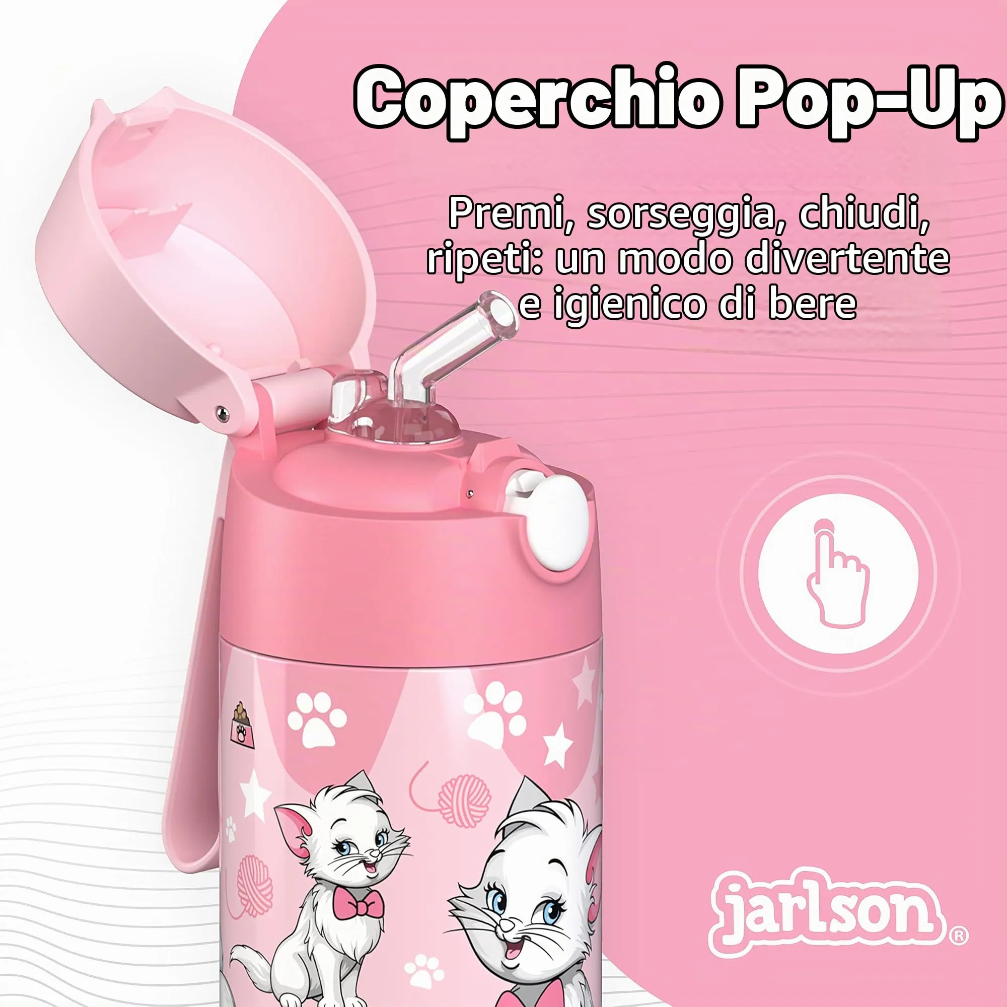 Jarlson Borraccia Termica Bambini Charli 350ml con Cannuccia, Acciaio Inox (Gatto 2) - immagine 6