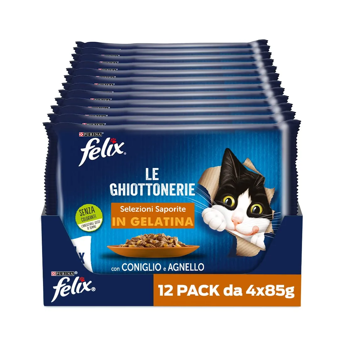 Felix Le Ghiottonerie Cibo Umido per Gatti Adulti, Coniglio e Agnello, 48 Bustine da 85g - immagine 1
