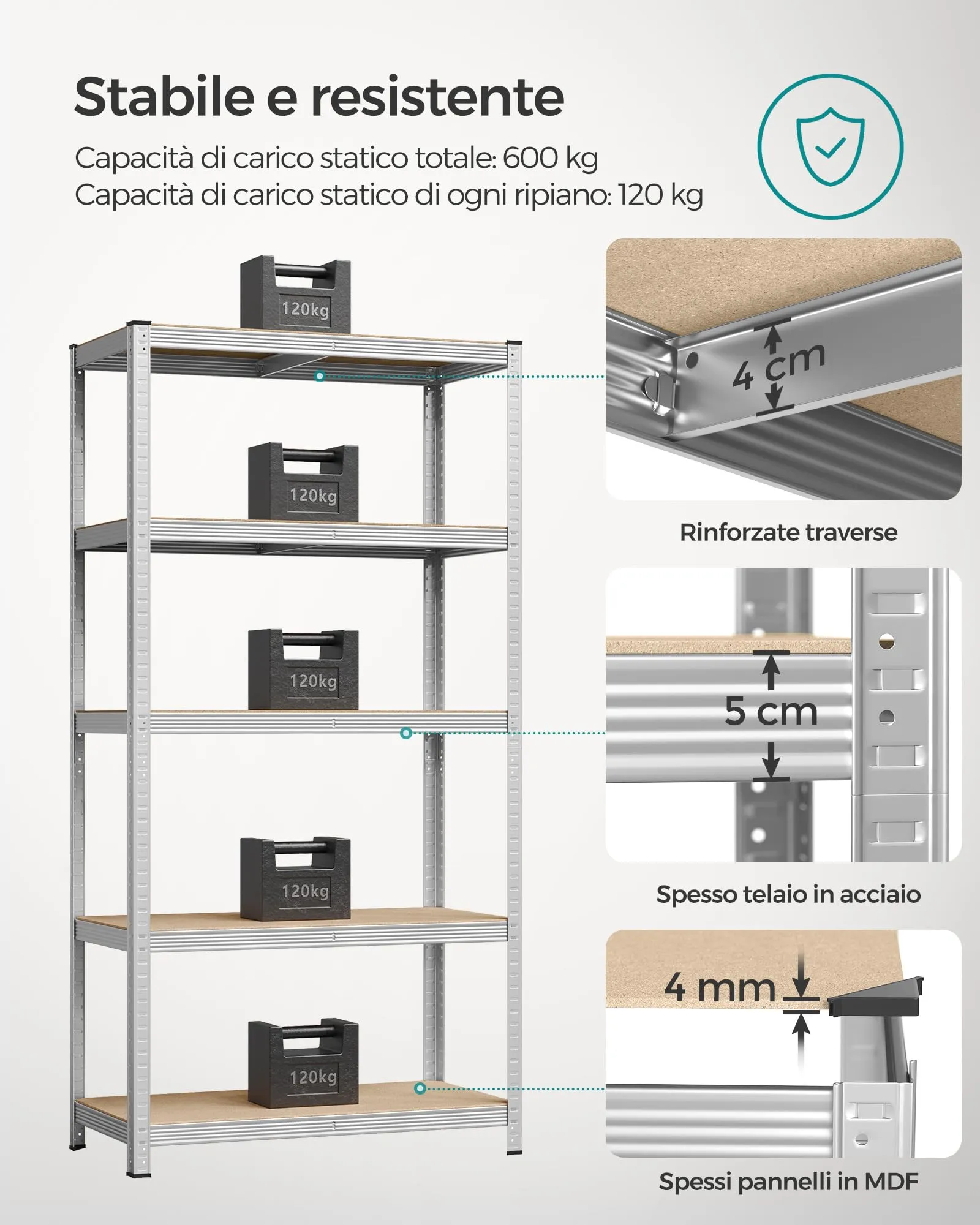 SONGMICS Set di 2 Scaffali in Metallo a 5 Ripiani Regolabili, 50 x 100 x 200 cm, Argento GLR050E02 - immagine 3