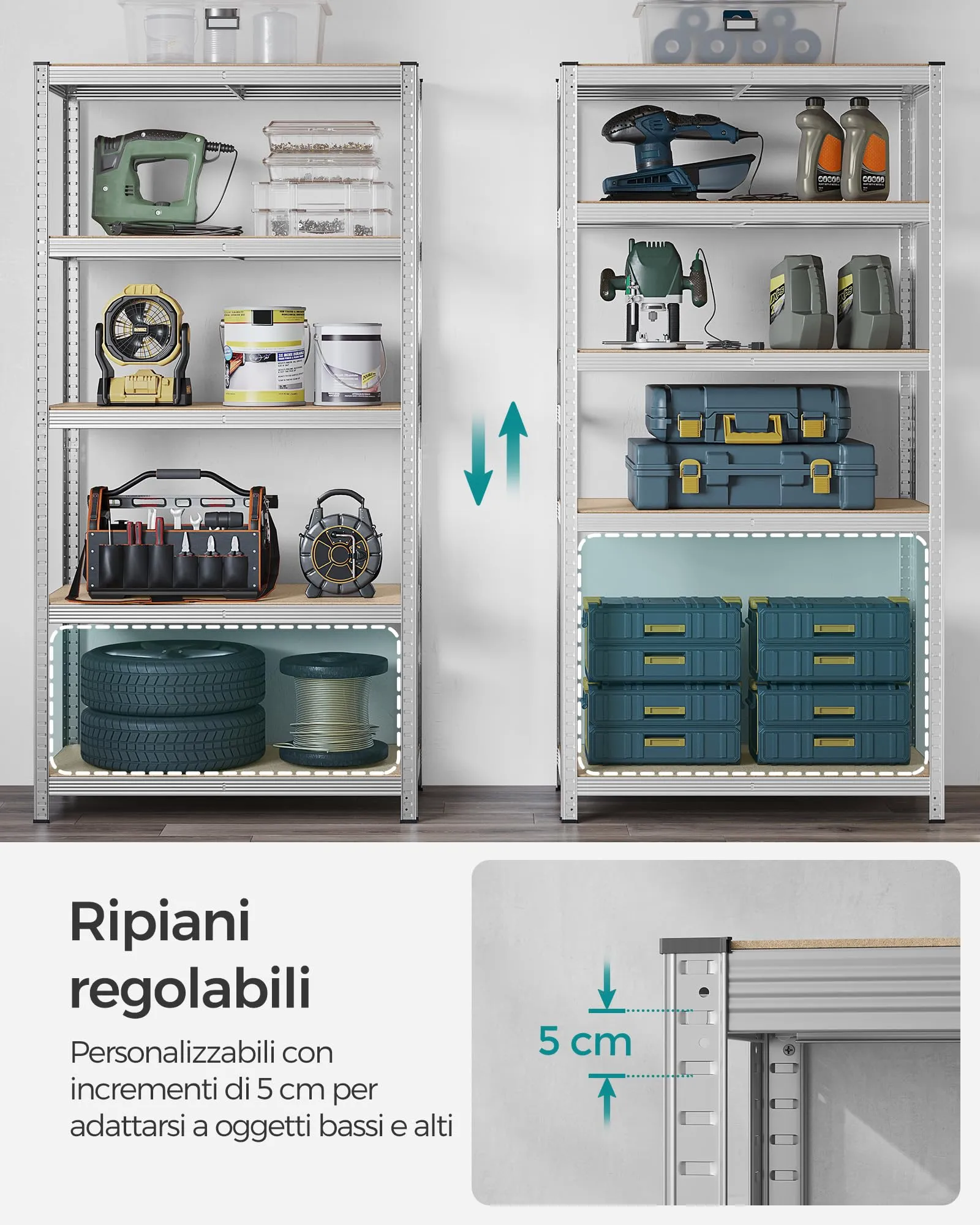 SONGMICS Set di 2 Scaffali in Metallo a 5 Ripiani Regolabili, 50 x 100 x 200 cm, Argento GLR050E02 - immagine 4