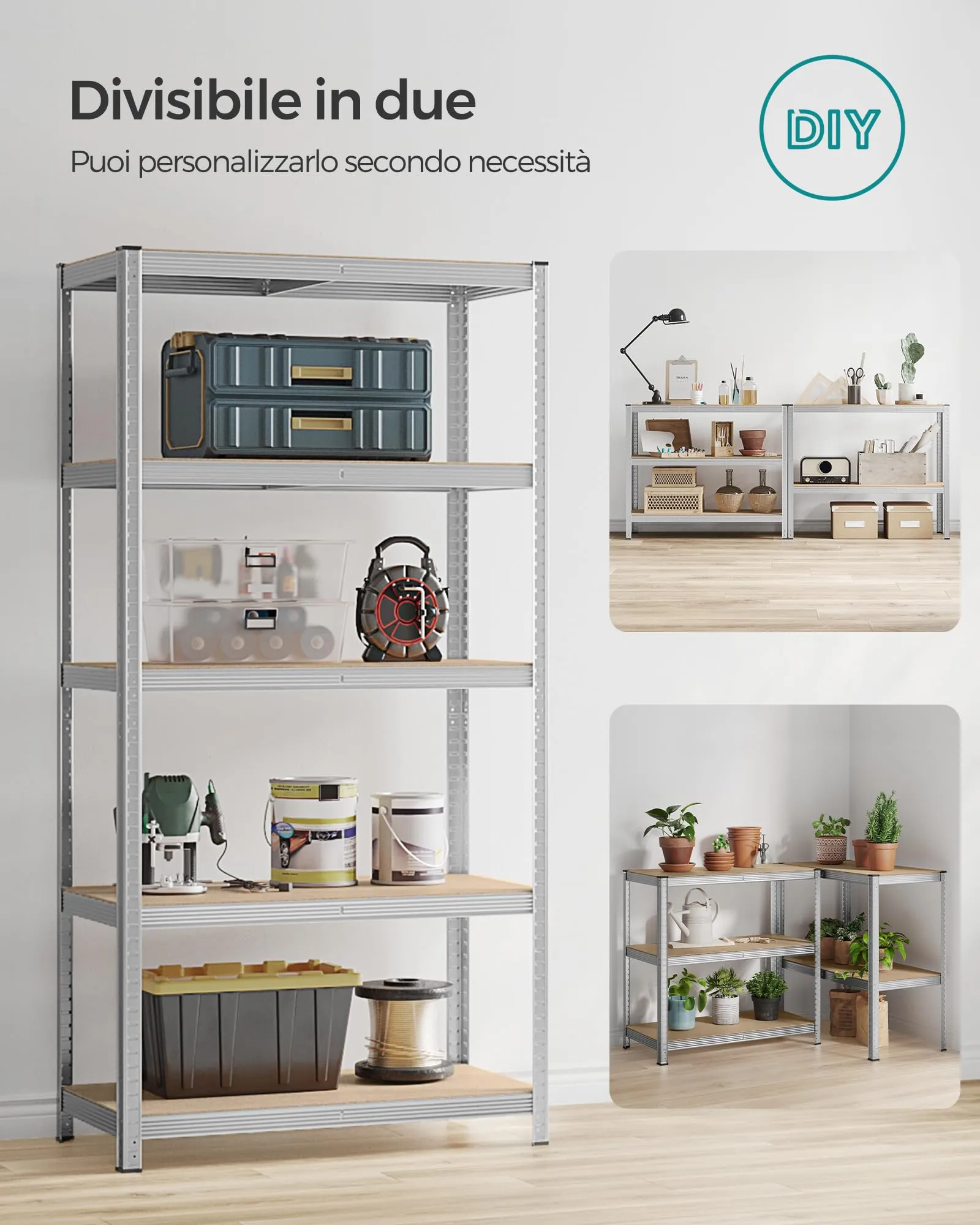 SONGMICS Set di 2 Scaffali in Metallo a 5 Ripiani Regolabili, 50 x 100 x 200 cm, Argento GLR050E02 - immagine 6