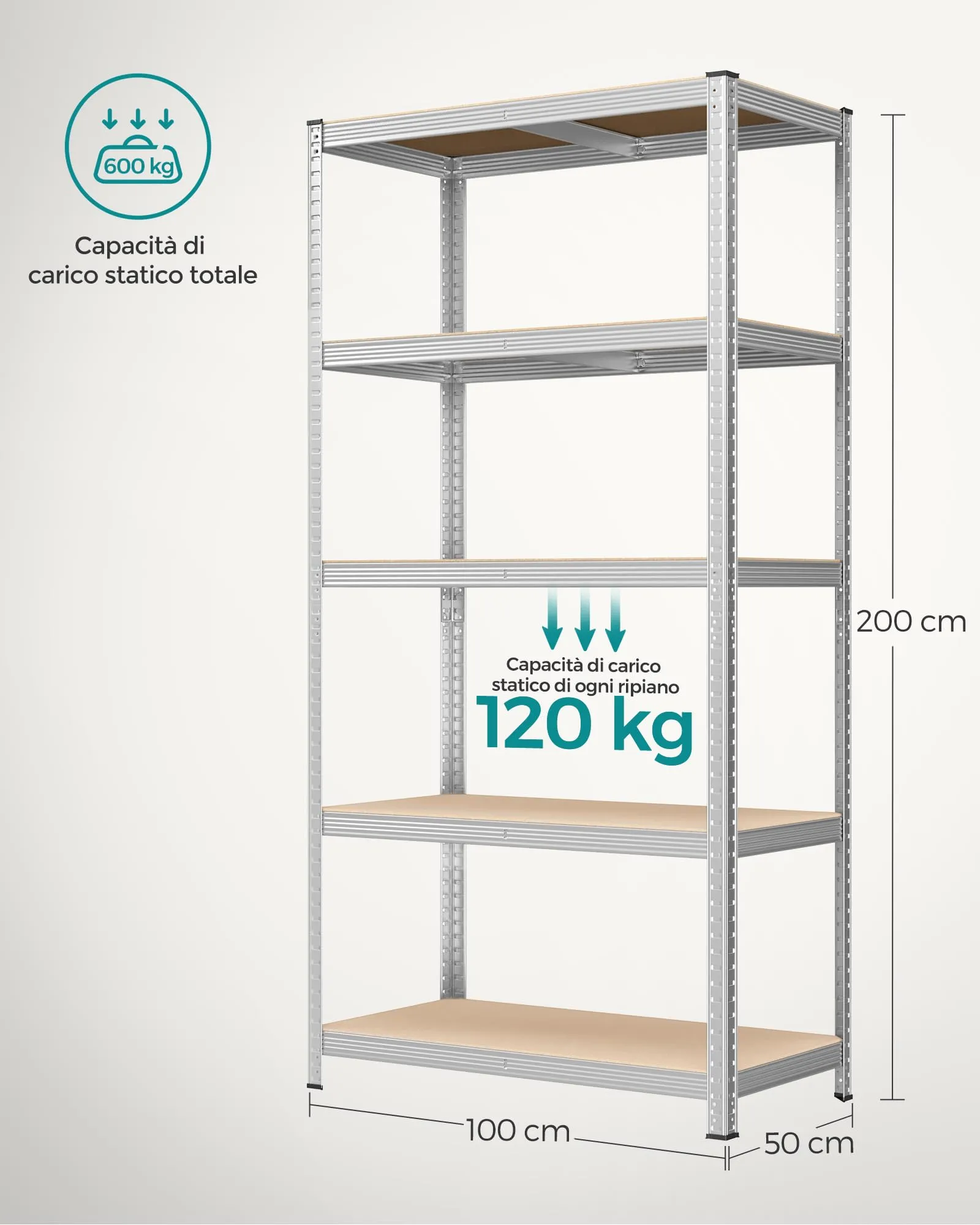 SONGMICS Set di 2 Scaffali in Metallo a 5 Ripiani Regolabili, 50 x 100 x 200 cm, Argento GLR050E02 - immagine 7