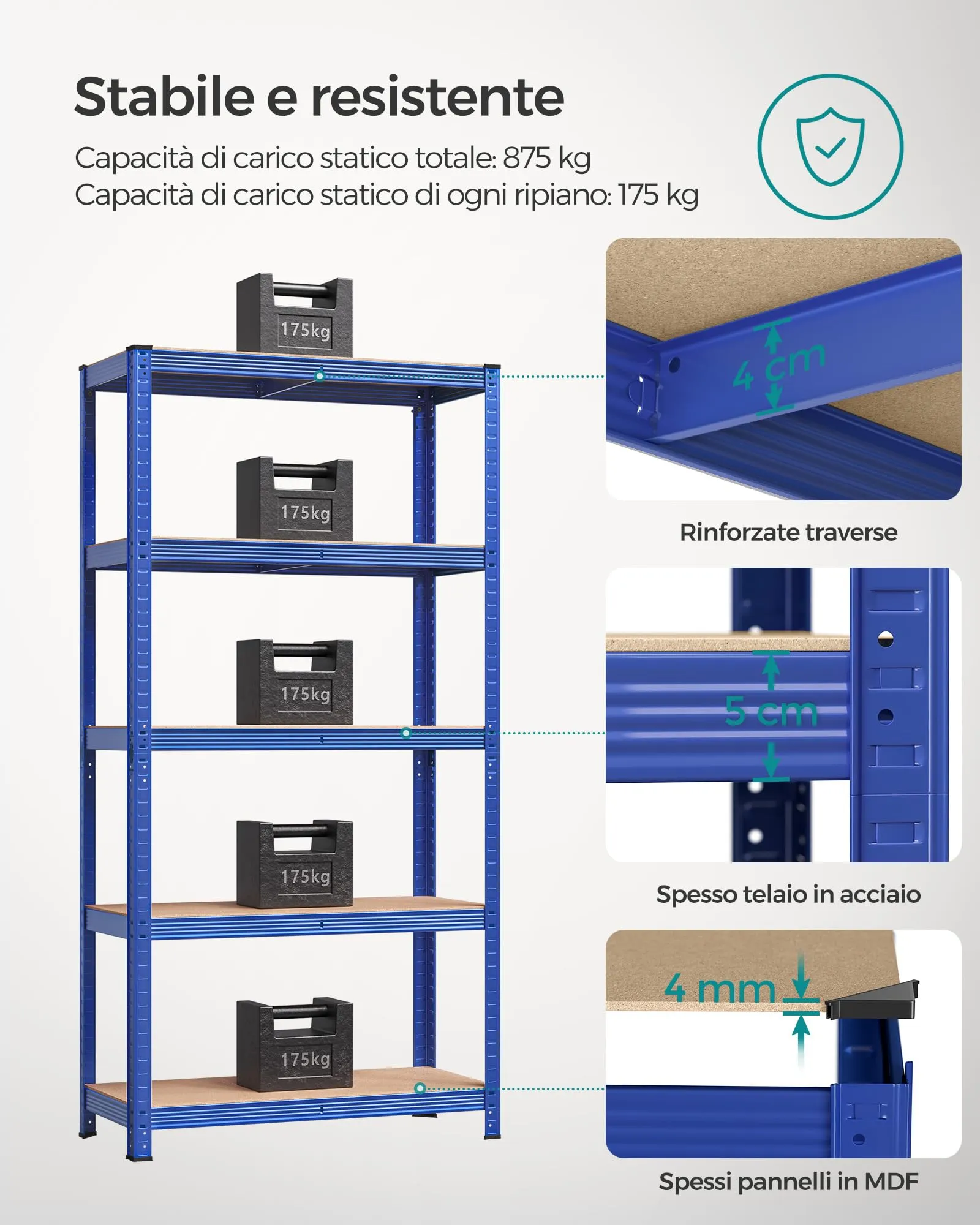 SONGMICS Set di 2 Scaffali in Metallo a 5 Ripiani Regolabili, 40 x 90 x 180 cm, Blu GLR040Q02 - immagine 3